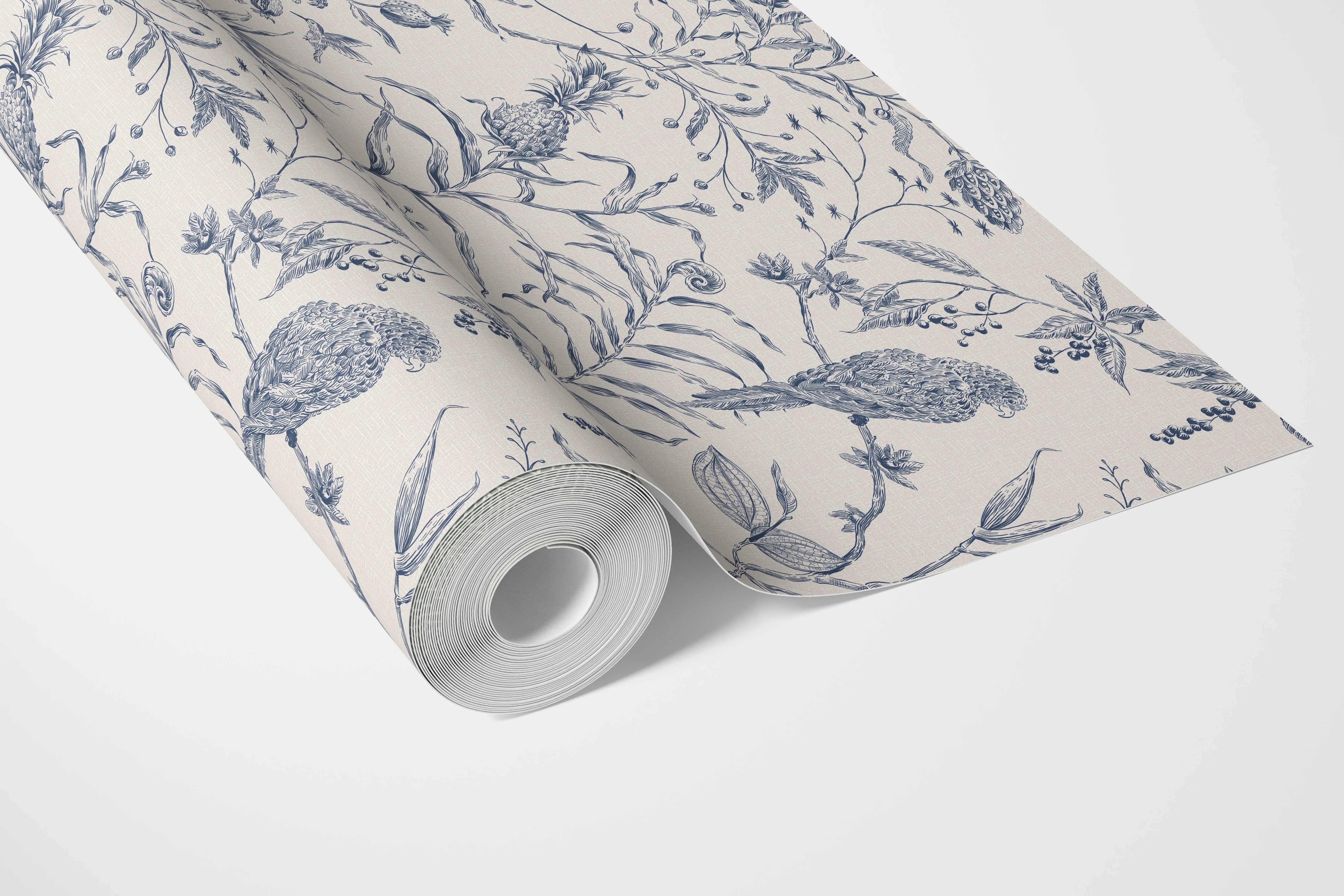 Birds Print/ Botanical Bathroom Wallpaper (Navy Blue)