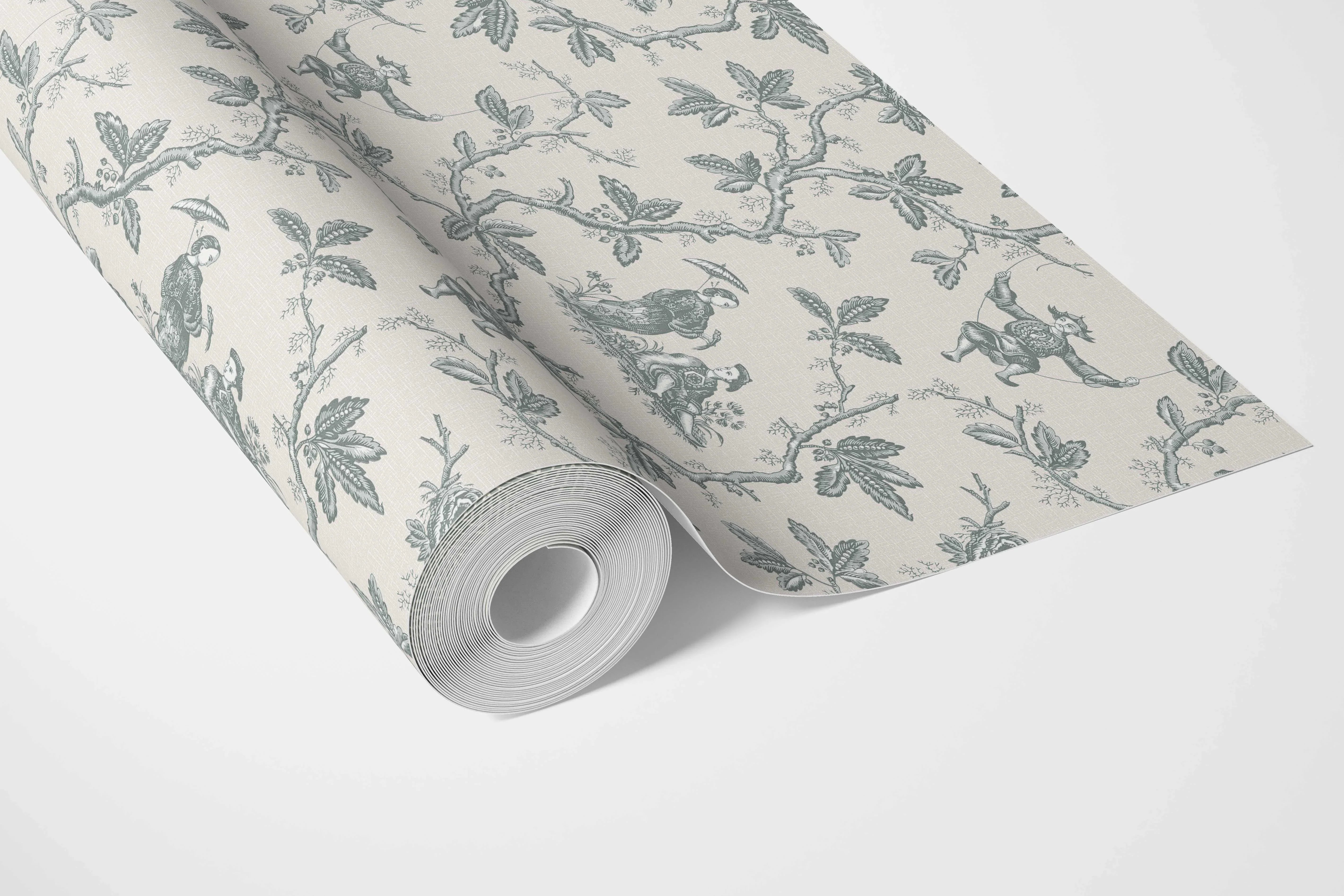 Floral Toile de Jouy Bathroom Wallpaper Sample (Blue-Gray/ Off-White)
