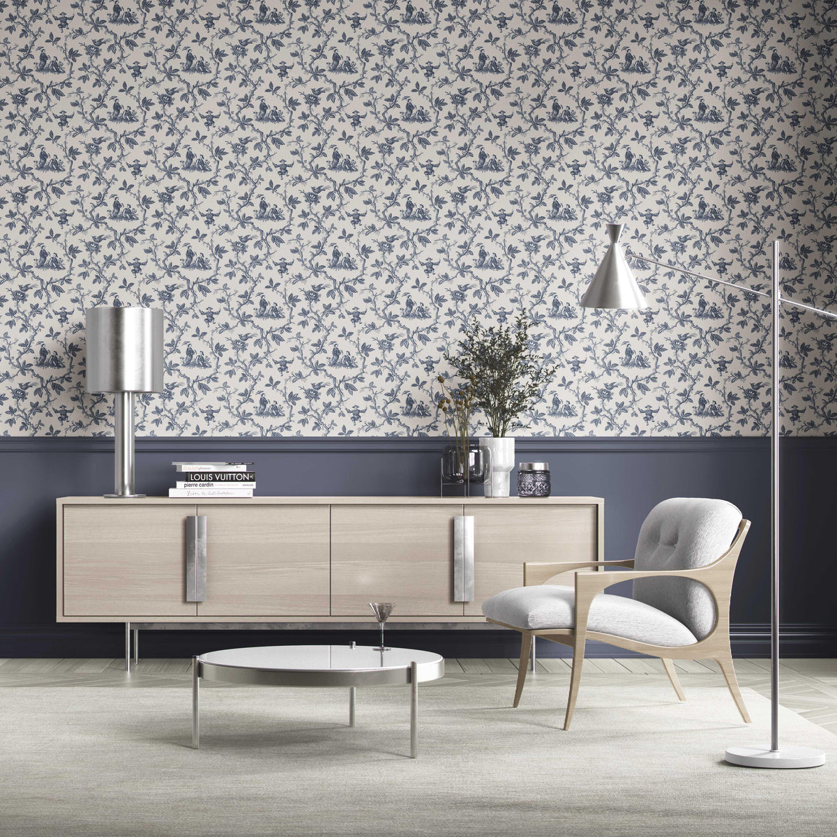 Floral Toile de Jouy Kitchen Wallpaper Sample (Navy Blue/ Off-White)