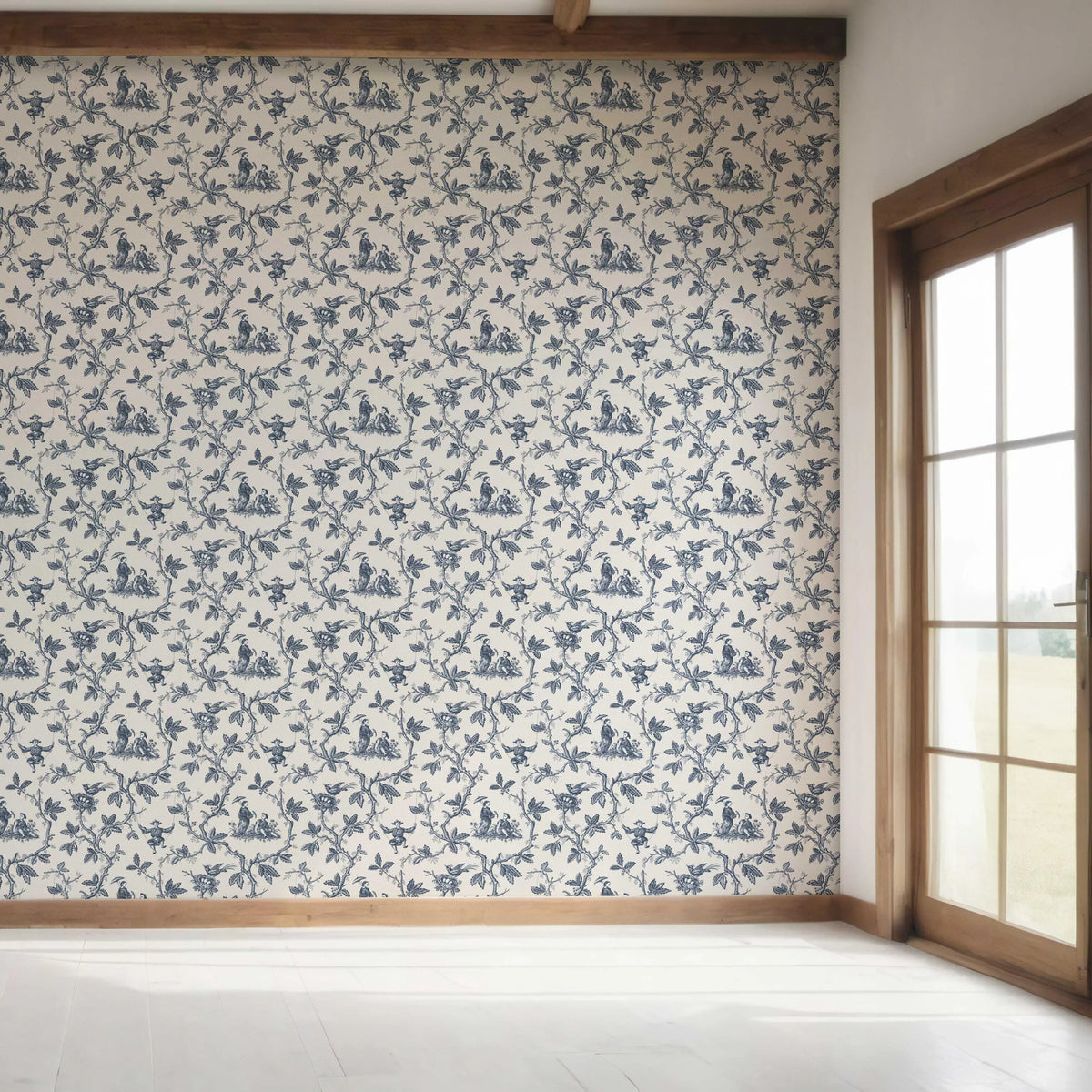 Floral Toile de Jouy Bedroom Wallpaper Sample (Navy Blue/ Off-White)
