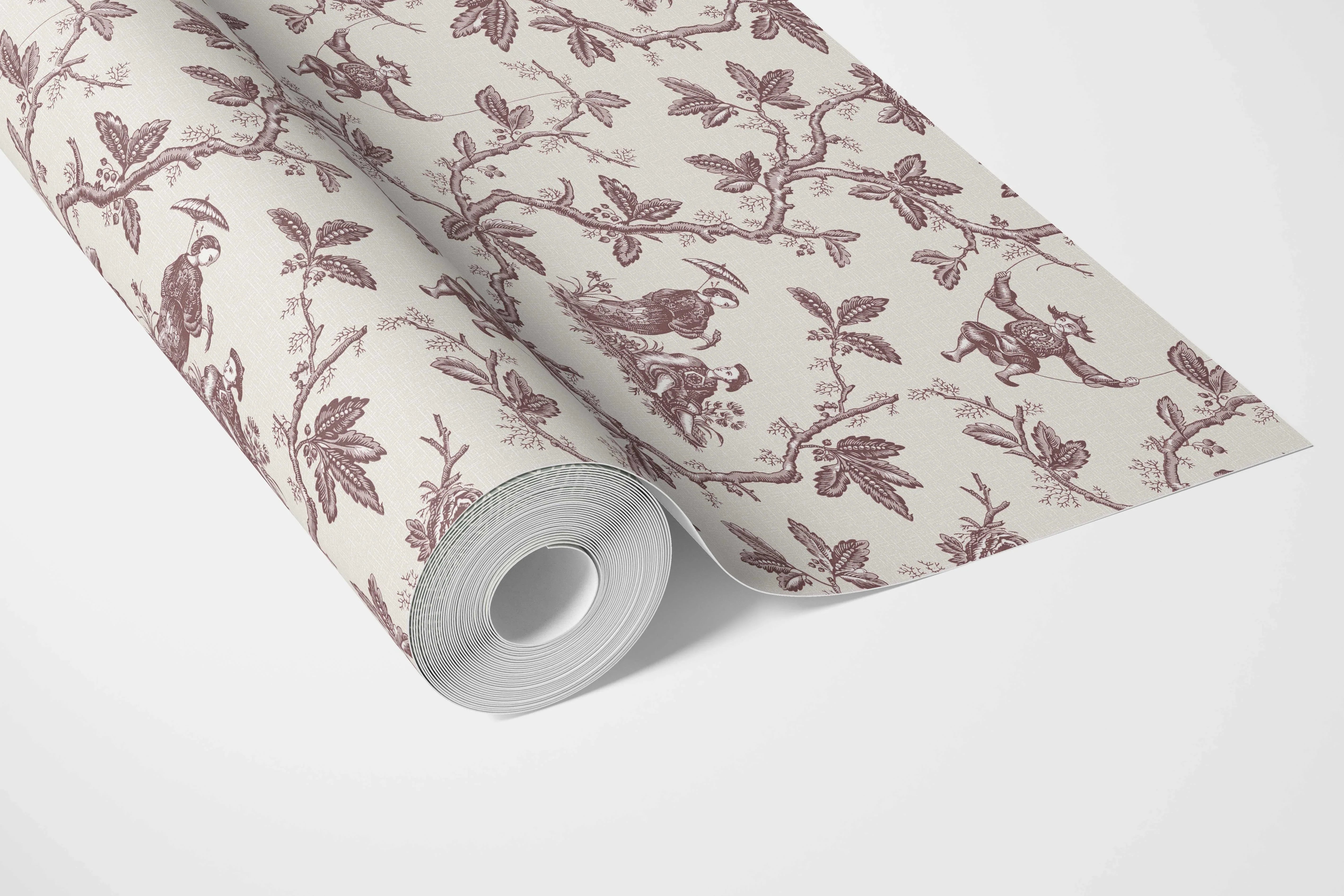 Floral Toile de Jouy Bathroom Wallpaper Sample (Brick Red/ Deep Pink)