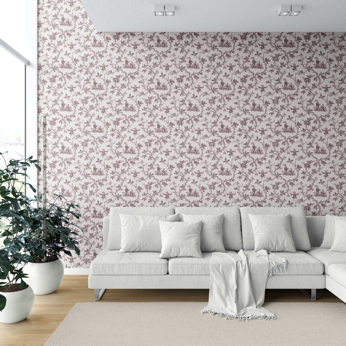 Floral Toile de Jouy Shower Toilet Wallpaper Sample (Brick Red/ Deep Pink)