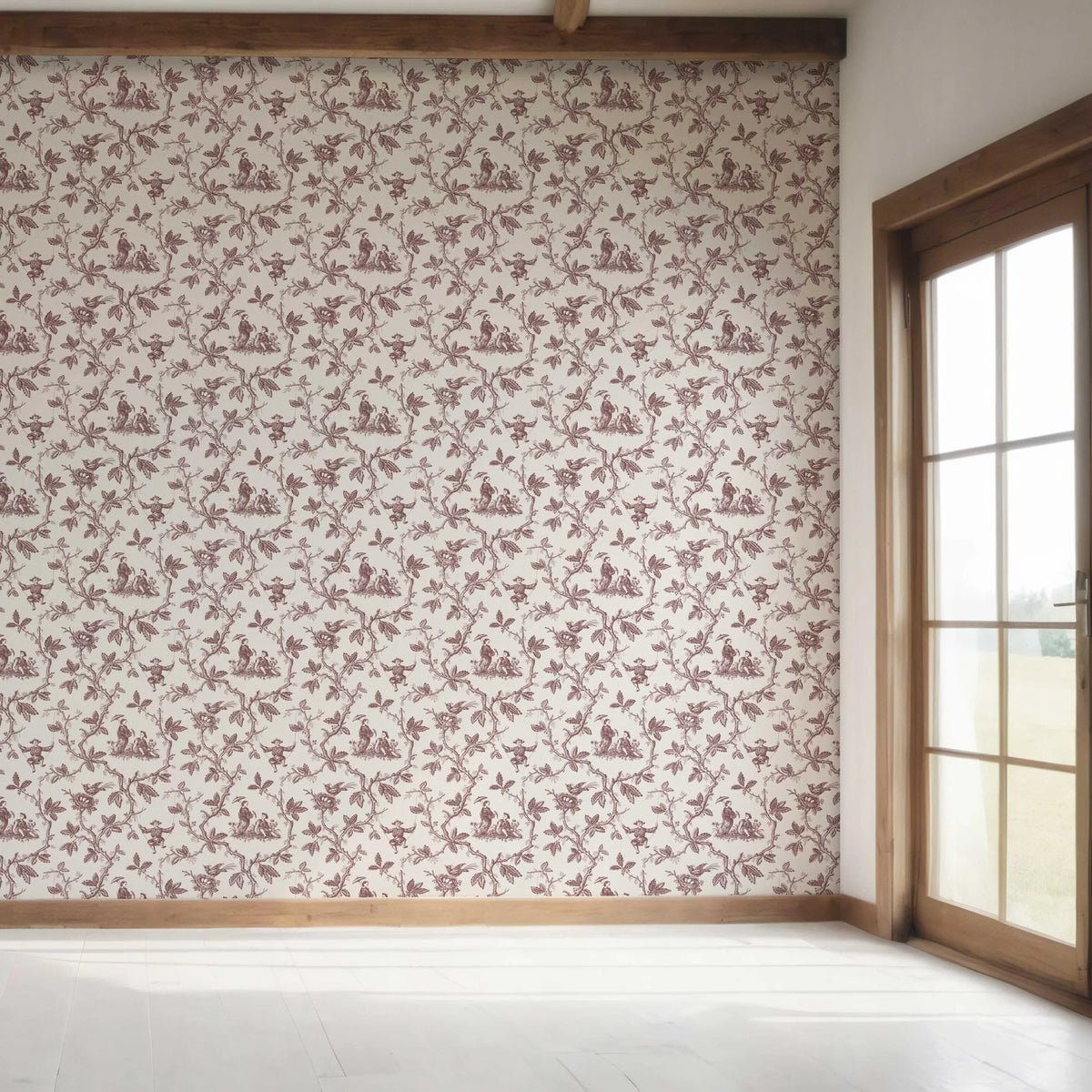 Floral Toile de Jouy Bedroom Wallpaper Sample (Brick Red/ Deep Pink)