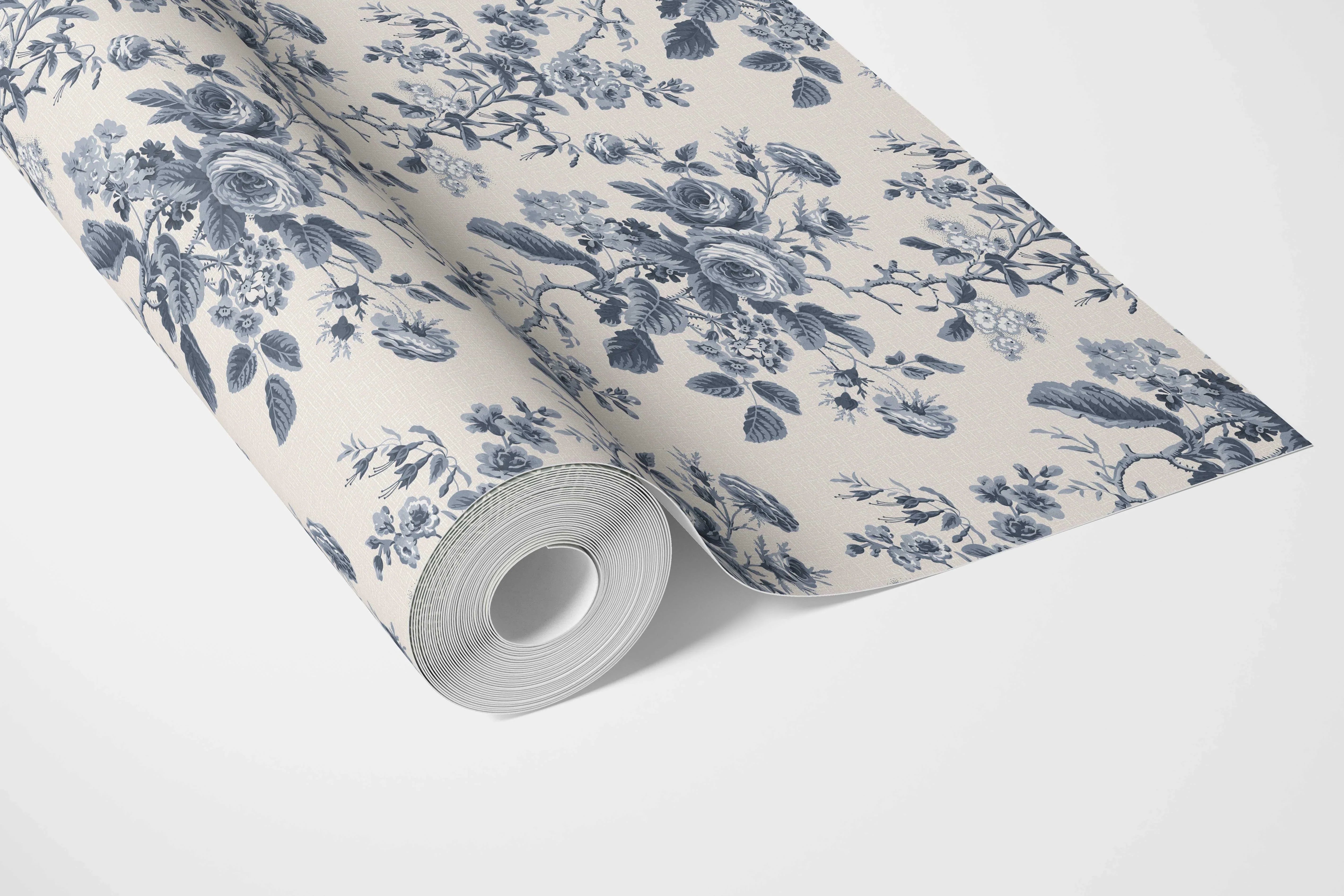 Vintage-Inspired Floral Toile/ Botanical Bathroom Wallpaper Sample (Vintage Blue/ Slate Blue)