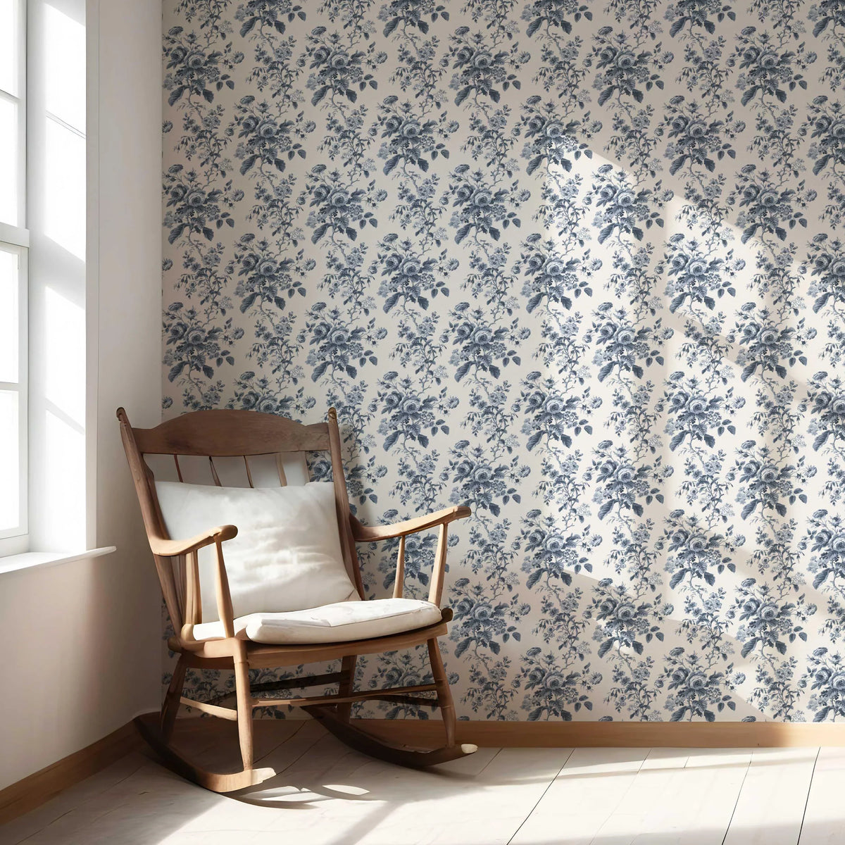 Vintage-Inspired Floral Toile/ Botanical Nursery Wallpaper Sample (Vintage Blue/ Slate Blue)
