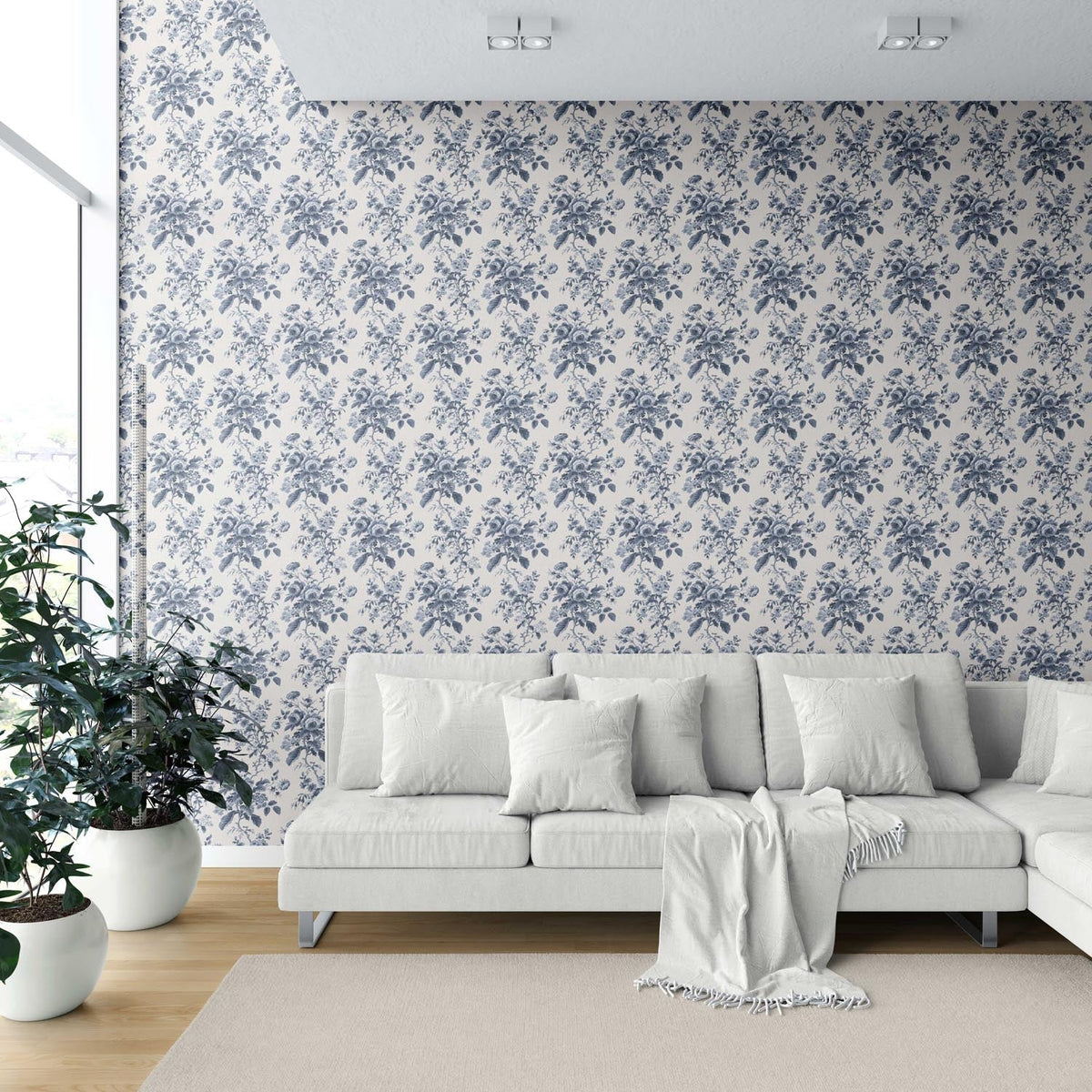 Vintage-Inspired Floral Toile/ Botanical Shower Toilet Wallpaper (Vintage Blue/ Slate Blue)