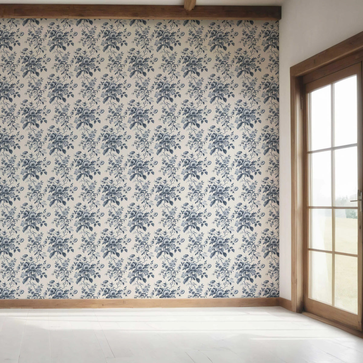 Vintage-Inspired Floral Toile/ Botanical Bedroom Wallpaper (Vintage Blue/ Slate Blue)