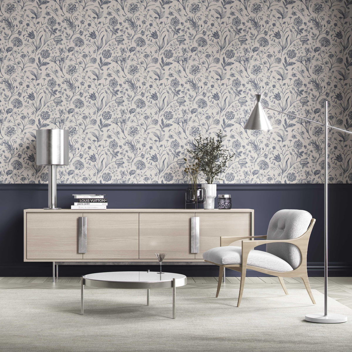 Floral/ Botanical Kitchen Wallpaper Sample (Navy Blue)