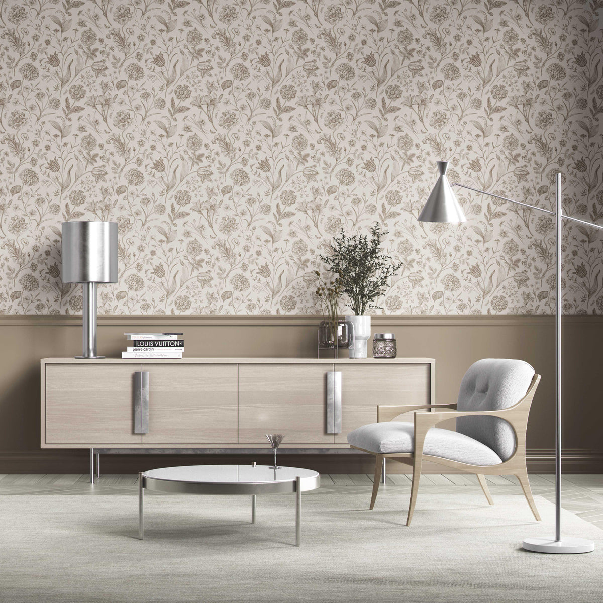 Neutral Floral/ Botanical Kitchen Wallpaper (Greige/ Beige/ Warm Gray)