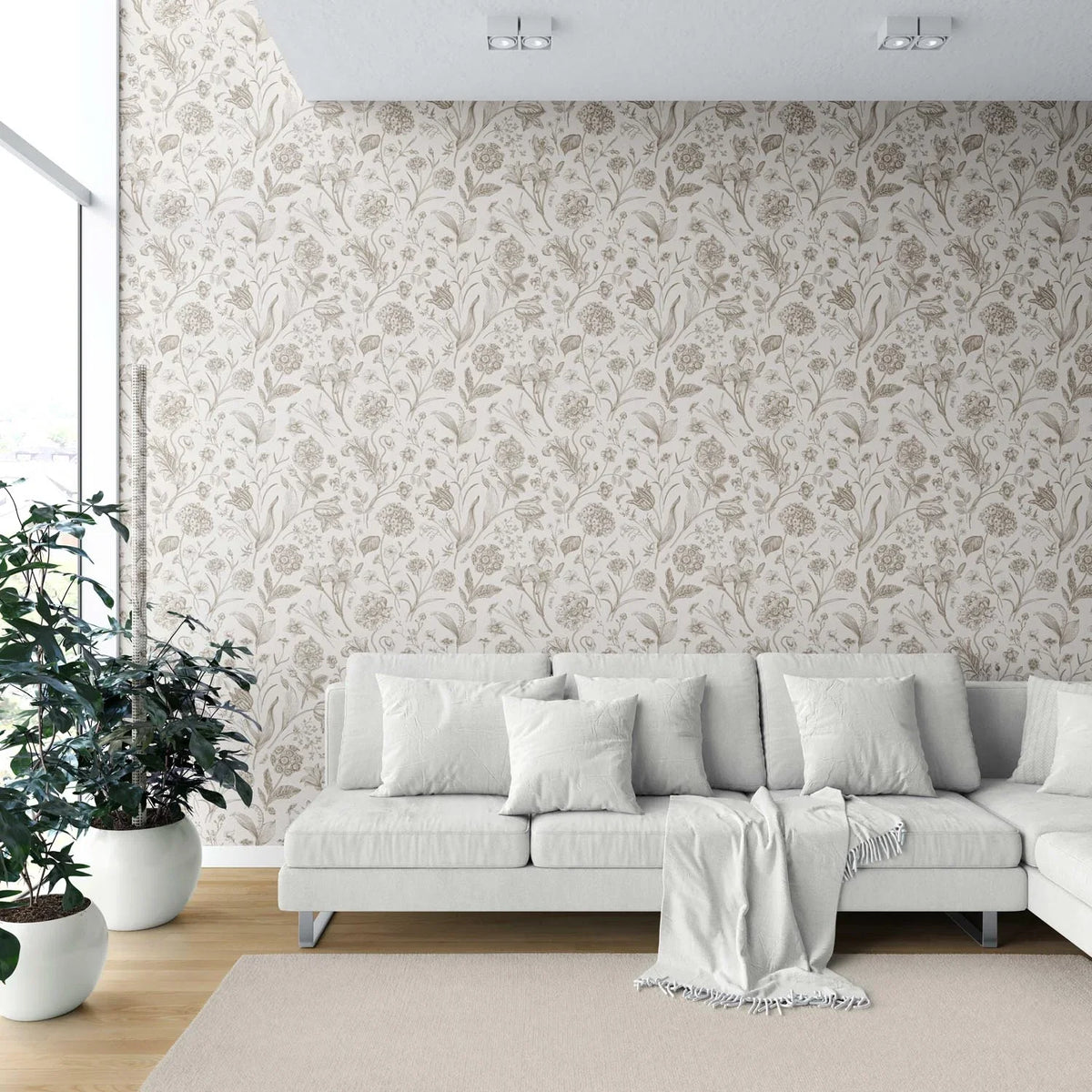 Neutral Floral/ Botanical Shower Toilet Wallpaper Sample (Greige/ Beige/ Warm Gray)