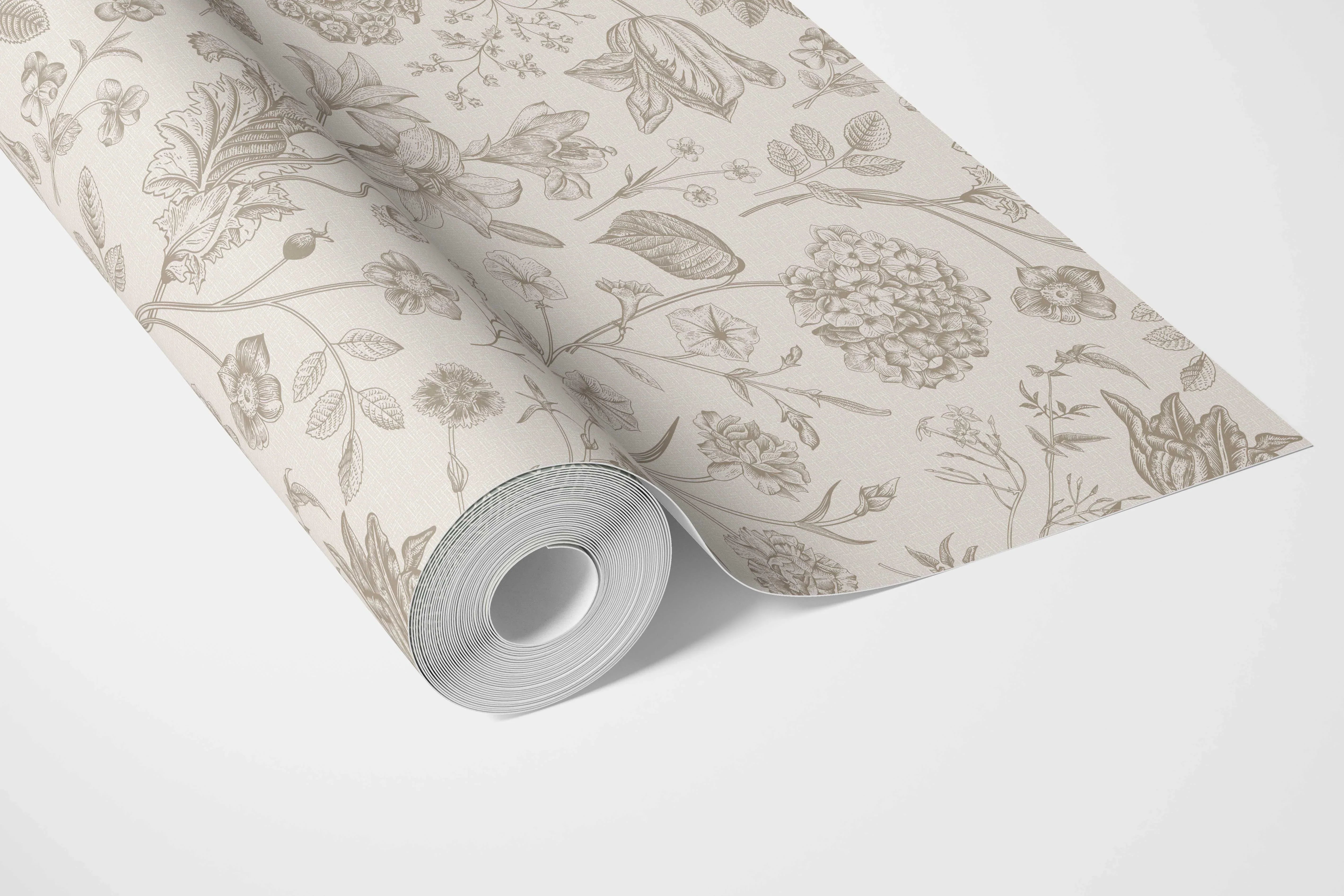 Neutral Floral/ Botanical Bathroom Wallpaper (Beige/ Soft Taupe)