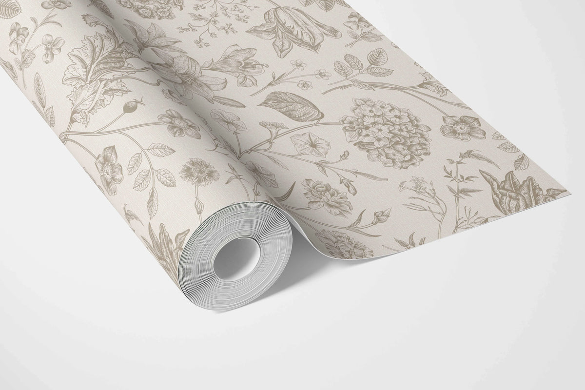 Neutral Floral/ Botanical Bathroom Wallpaper Sample (Beige/ Soft Taupe)