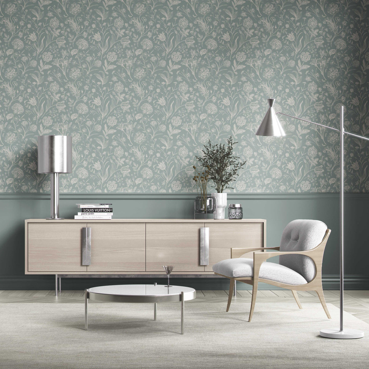 Floral/ Botanical Kitchen Wallpaper Sample (Cadet Blue/ Mint Gray/ Cream)