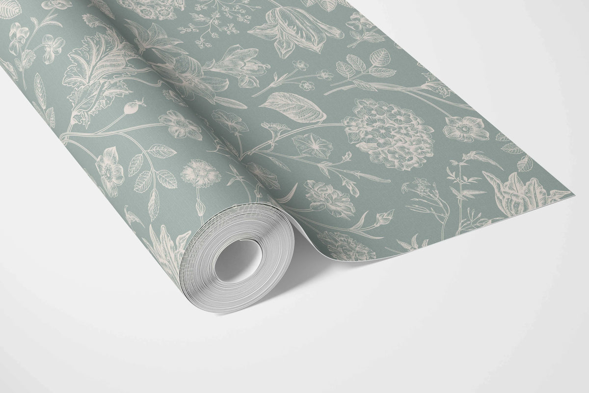 Floral/ Botanical Bathroom Wallpaper Sample (Cadet Blue/ Mint Gray/ Cream)