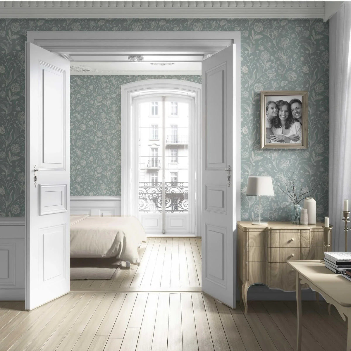 Floral/ Botanical Living Room Wallpaper Sample (Cadet Blue/ Mint Gray/ Cream)