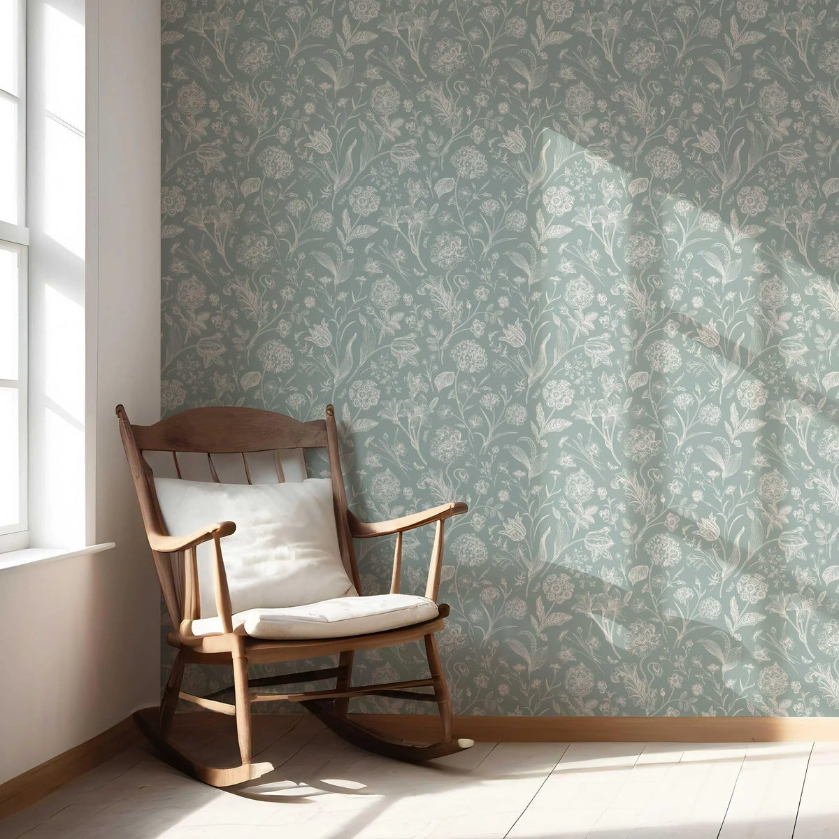 Floral/ Botanical Nursery Wallpaper Sample (Cadet Blue/ Mint Gray/ Cream)
