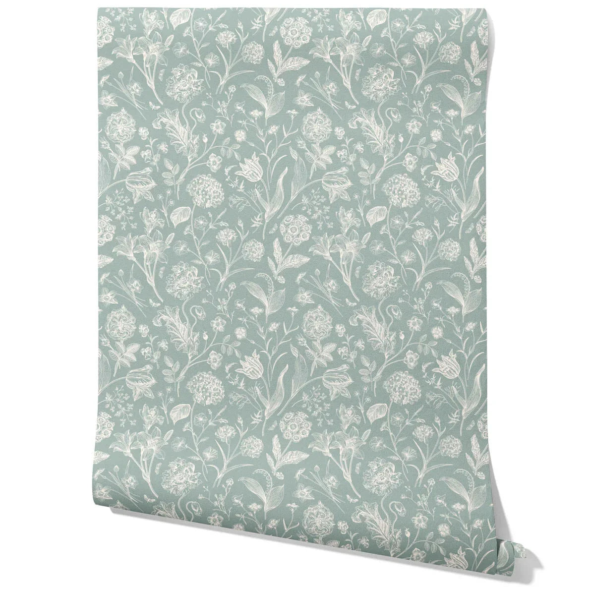Floral/ Botanical Kids Room Wallpaper Sample (Cadet Blue/ Mint Gray/ Cream)
