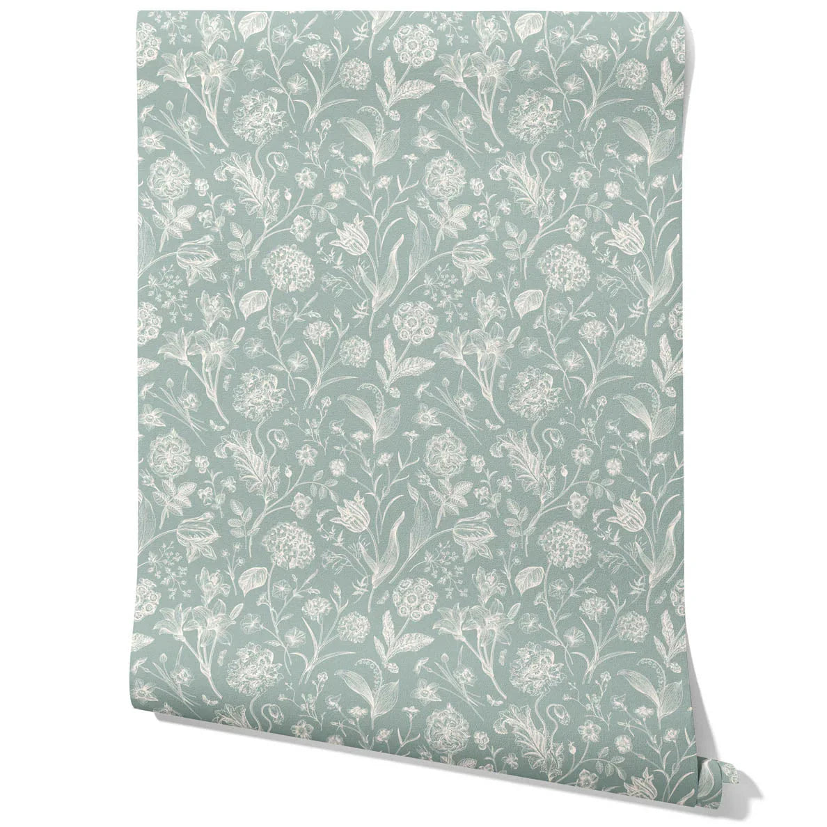 Floral/ Botanical Kids Room Wallpaper Sample (Cadet Blue/ Mint Gray/ Cream)