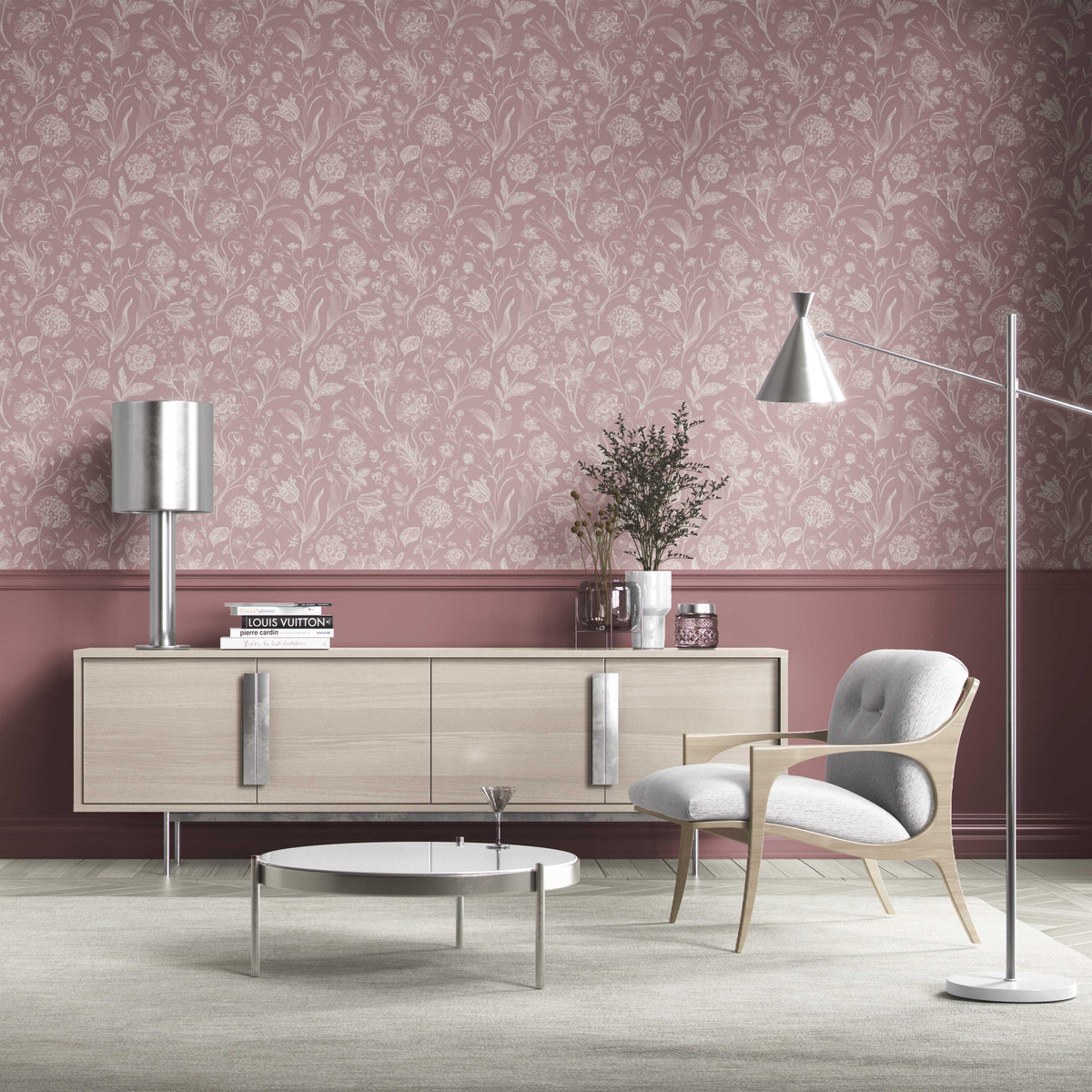Floral/ Botanical Kitchen Wallpaper (Dusky Pink/ Cream)