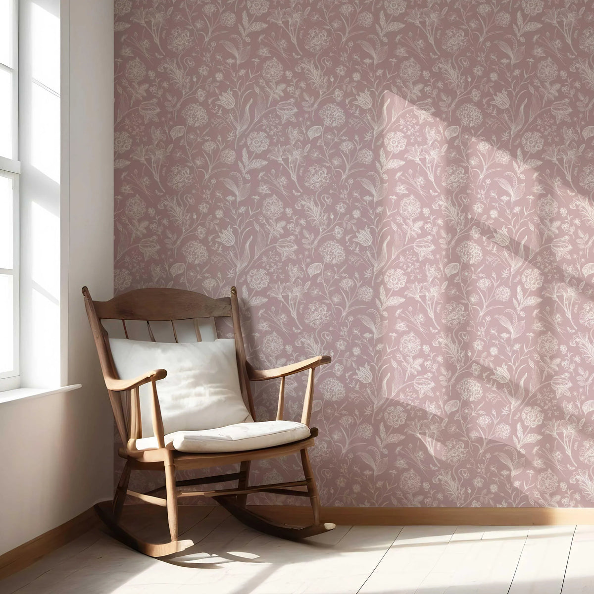 Floral/ Botanical Nursery Wallpaper Sample (Dusky Pink/ Cream)