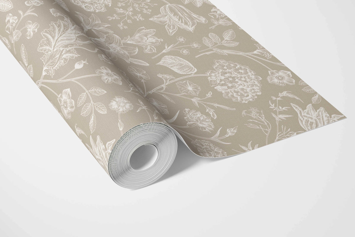 Neutral Floral/ Botanical Bathroom Wallpaper Sample (Beige/ Brown/ Cream)