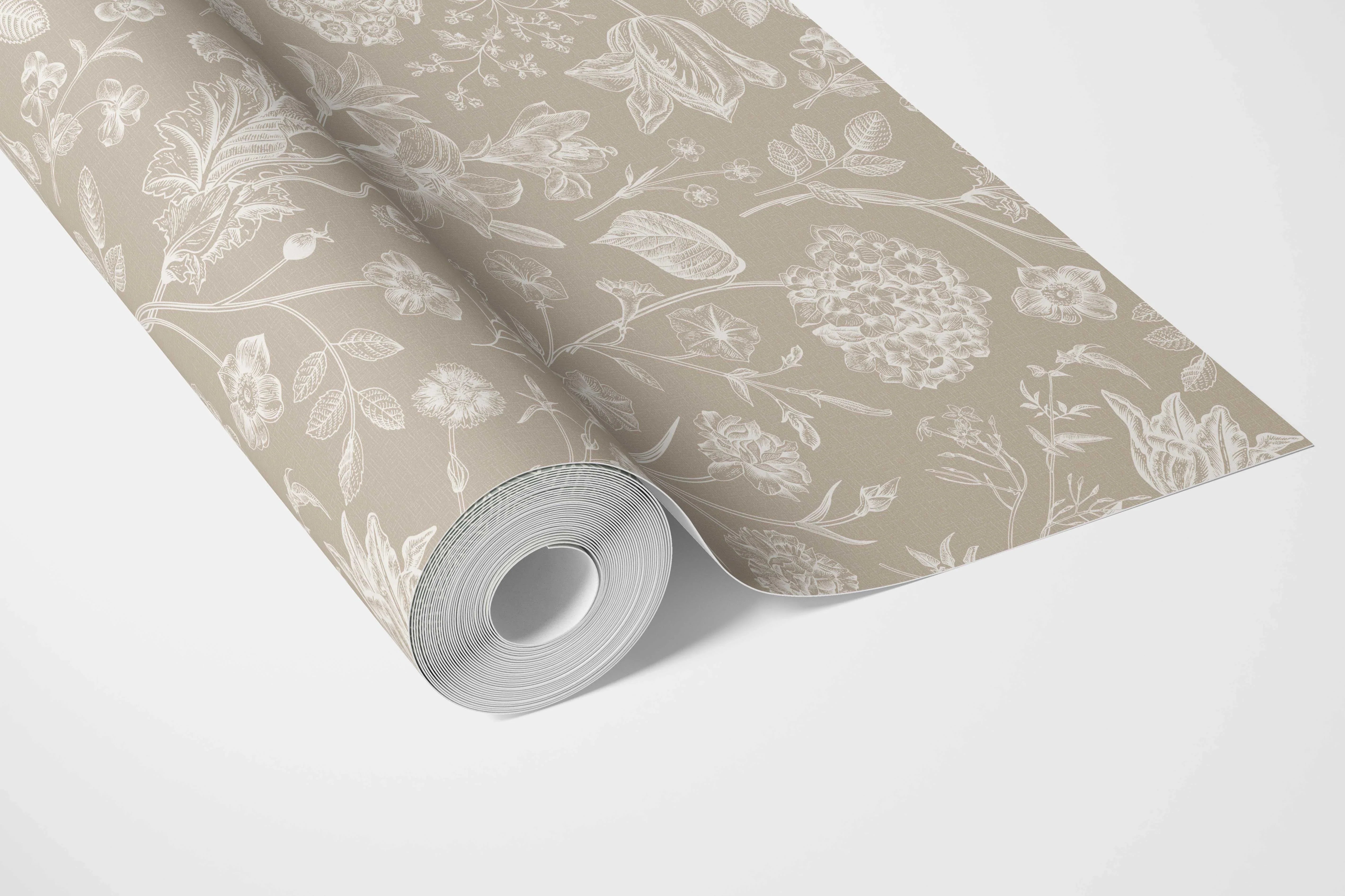 Neutral Floral/ Botanical Bathroom Wallpaper Sample (Beige/ Brown/ Cream)