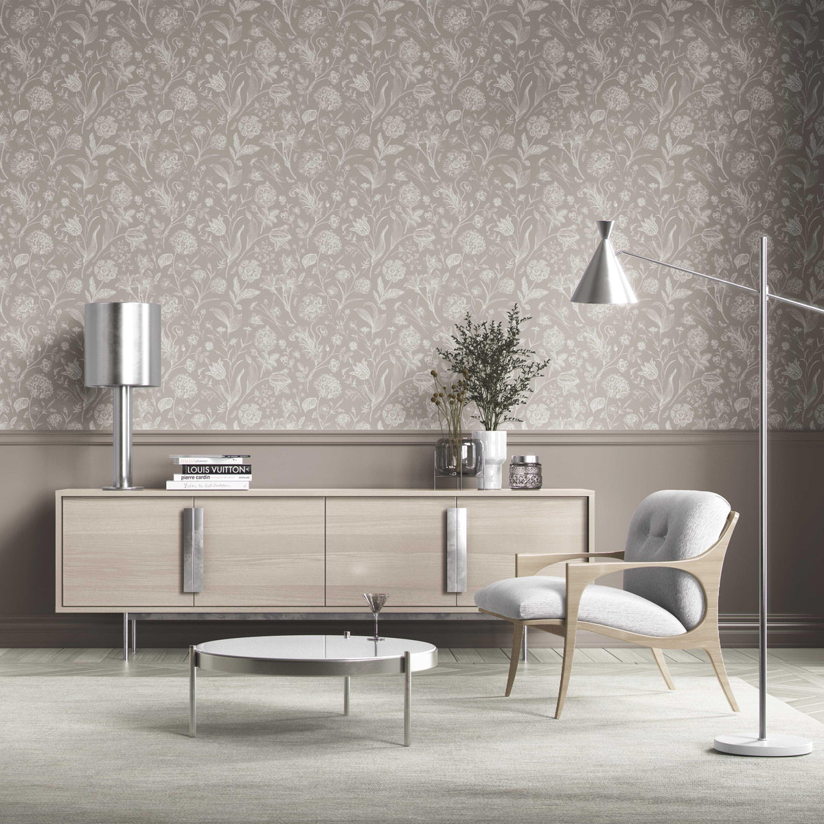 Neutral Floral/ Botanical Kitchen Wallpaper (Greige/ Warm Gray/ Taupe)