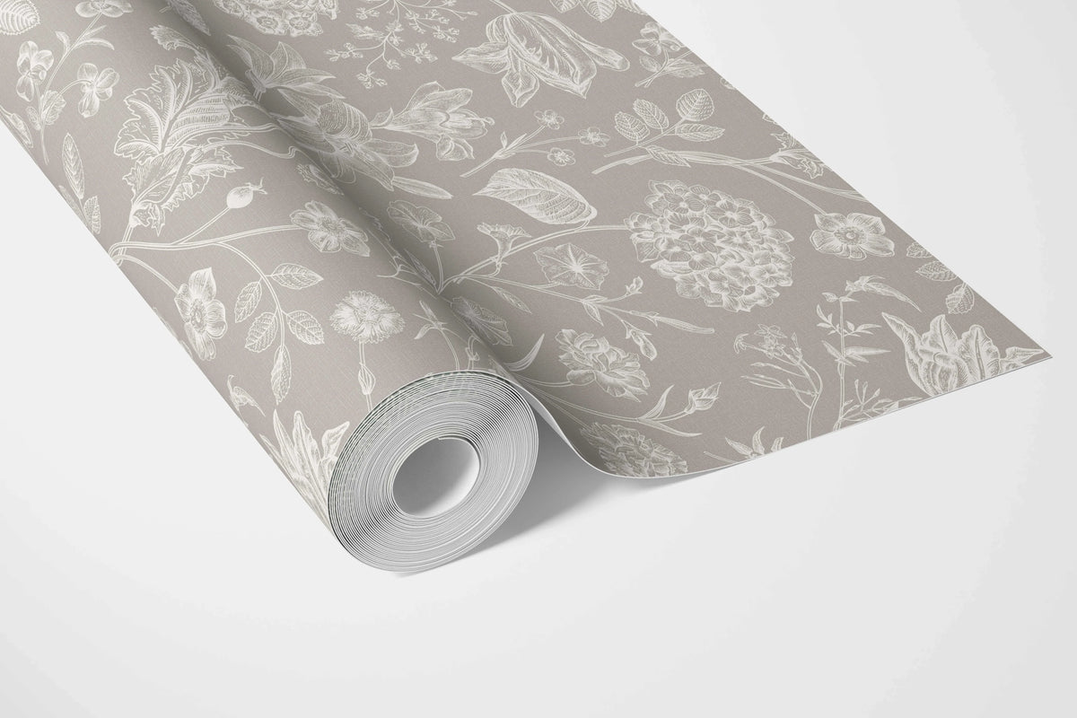 Neutral Floral/ Botanical Bathroom Wallpaper Sample (Greige/ Warm Gray/ Taupe)