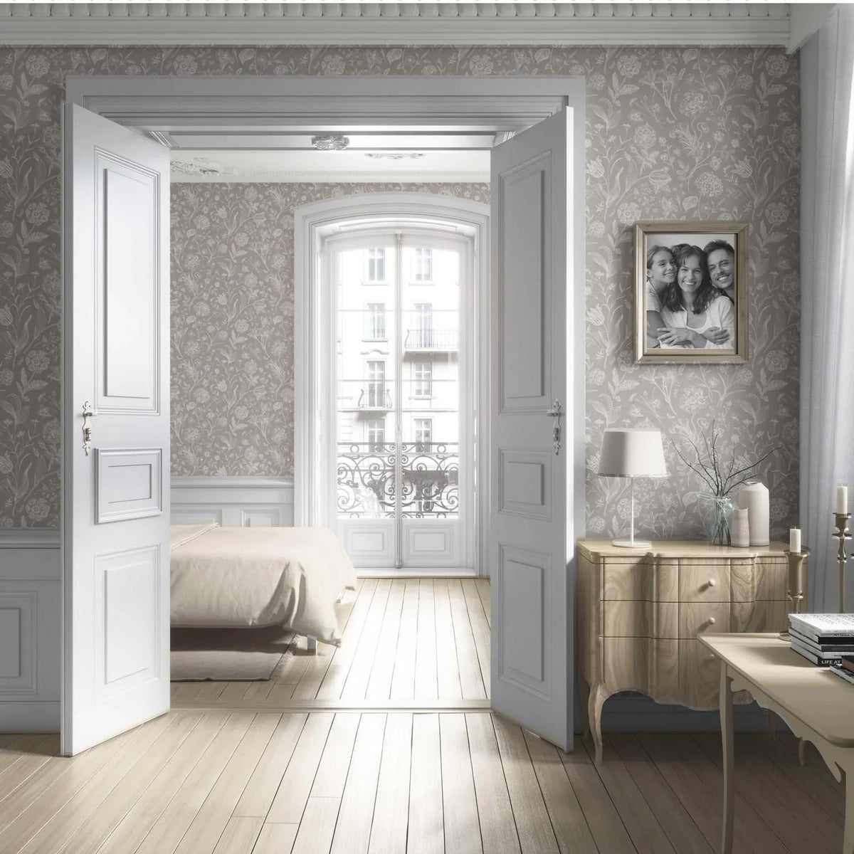 Neutral Floral/ Botanical Living Room Wallpaper Sample (Greige/ Warm Gray/ Taupe)