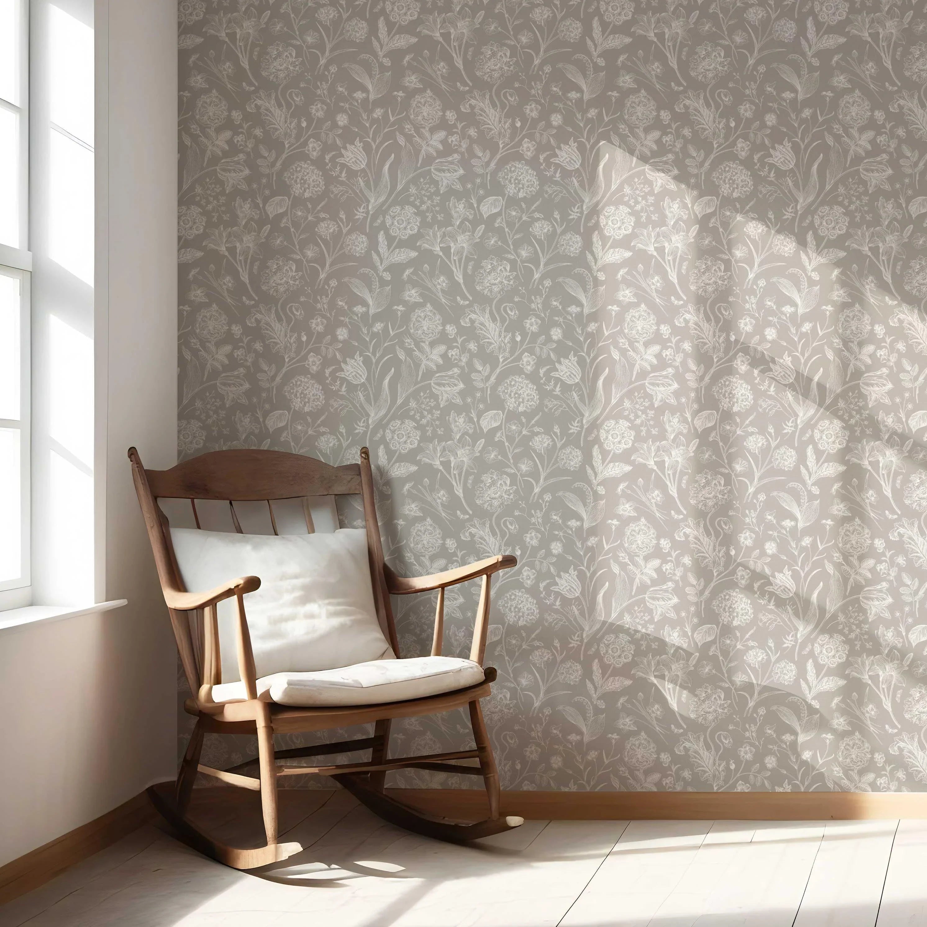 Neutral Floral/ Botanical Nursery Wallpaper (Greige/ Warm Gray/ Taupe)