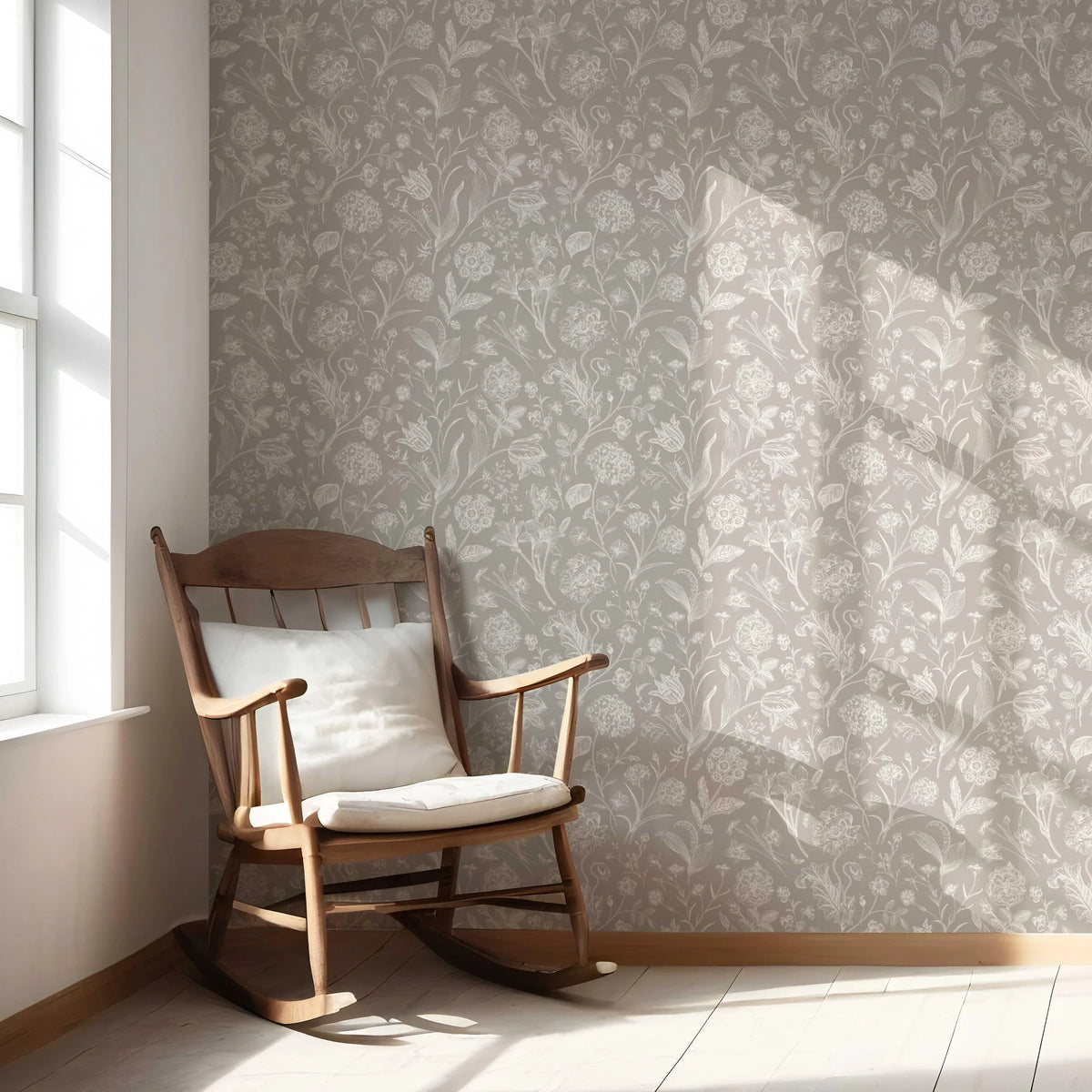 Neutral Floral/ Botanical Nursery Wallpaper Sample (Greige/ Warm Gray/ Taupe)
