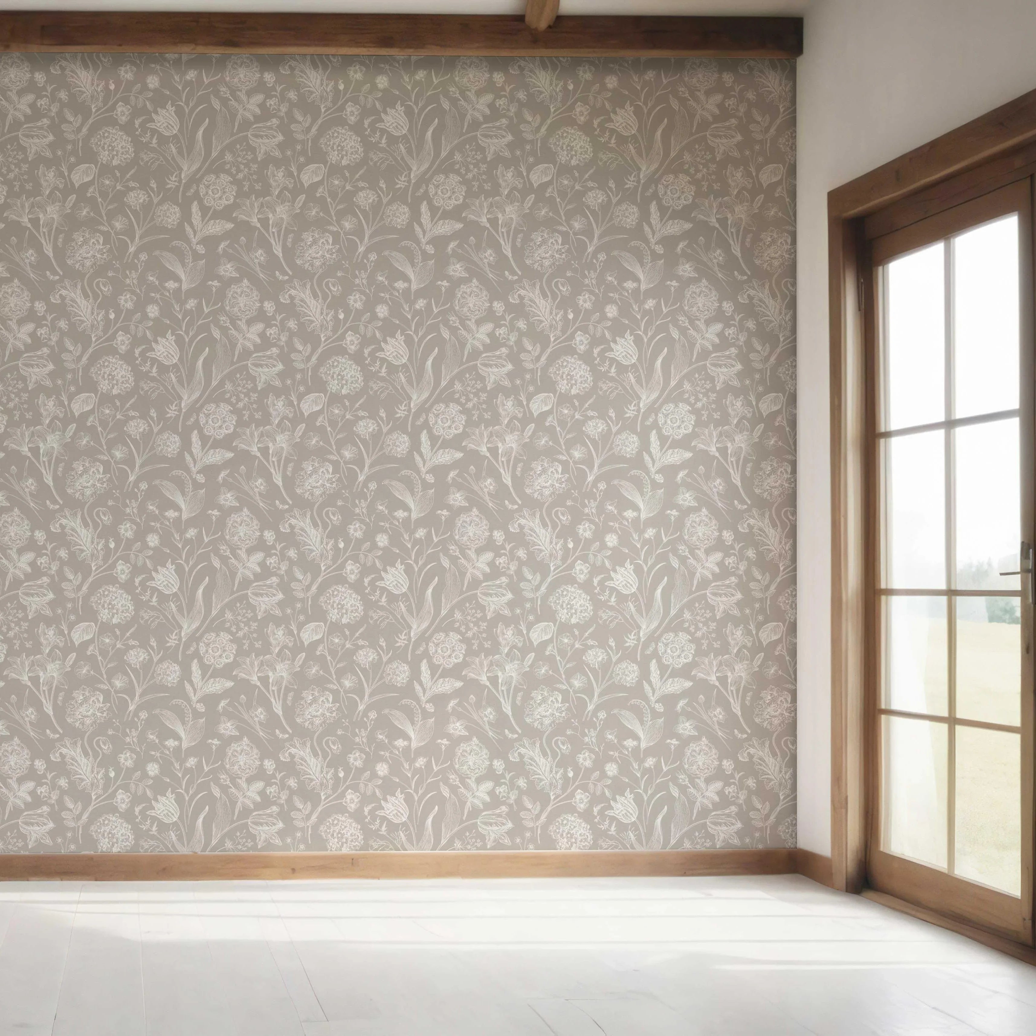 Neutral Floral/ Botanical Bedroom Wallpaper Sample (Greige/ Warm Gray/ Taupe)