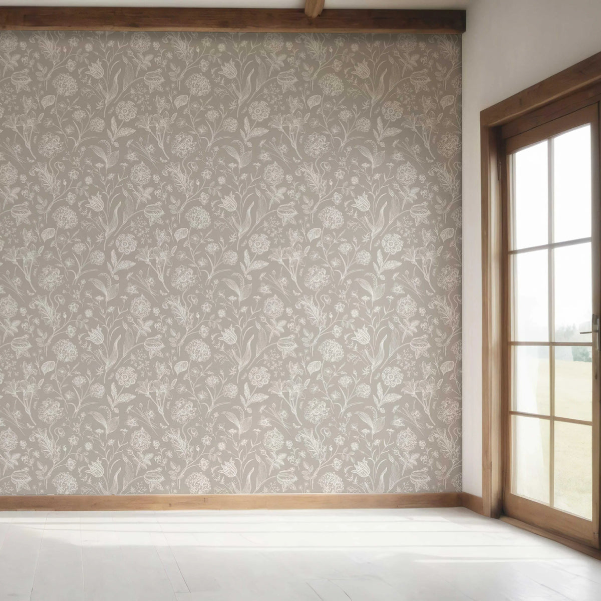 Neutral Floral/ Botanical Bedroom Wallpaper Sample (Greige/ Warm Gray/ Taupe)
