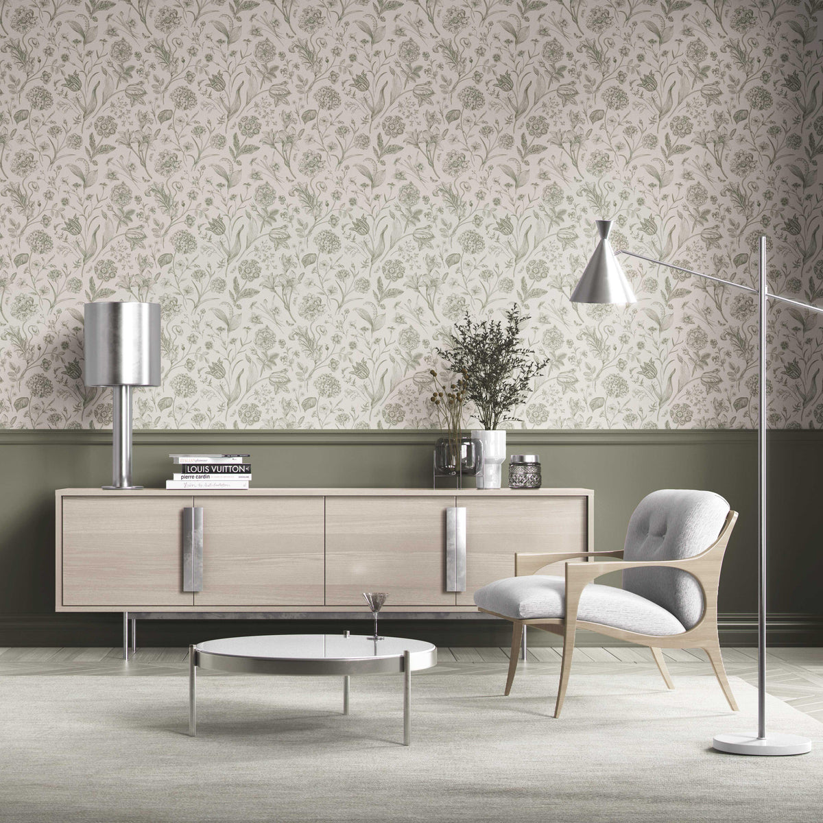 Floral/ Botanical Kitchen Wallpaper (Olive Green)