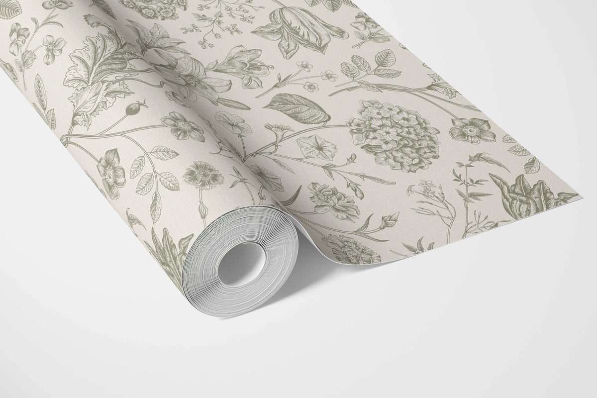 Floral/ Botanical Bathroom Wallpaper Sample (Olive Green)