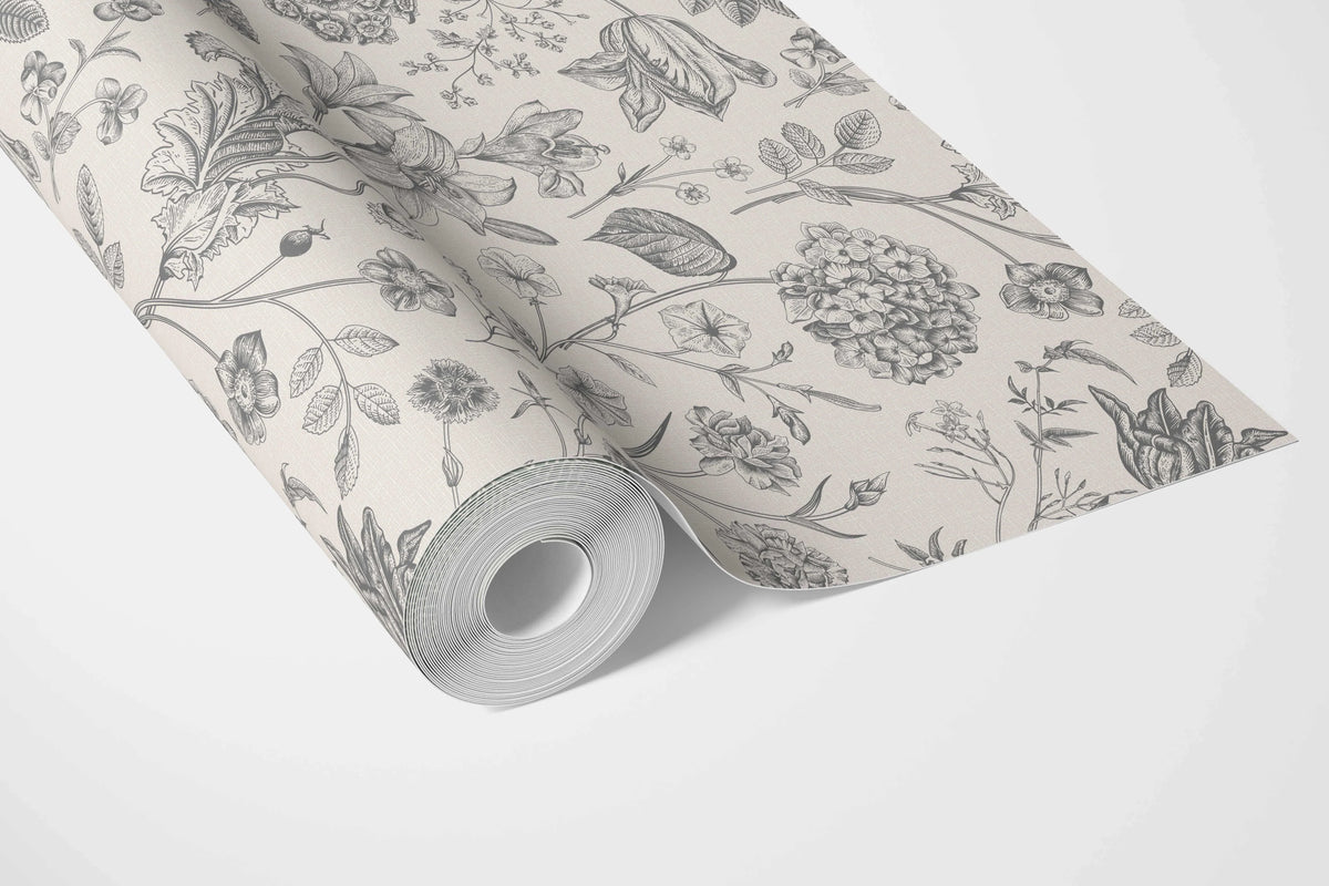 Neutral Floral/ Botanical Bathroom Wallpaper (Metallic Gray)