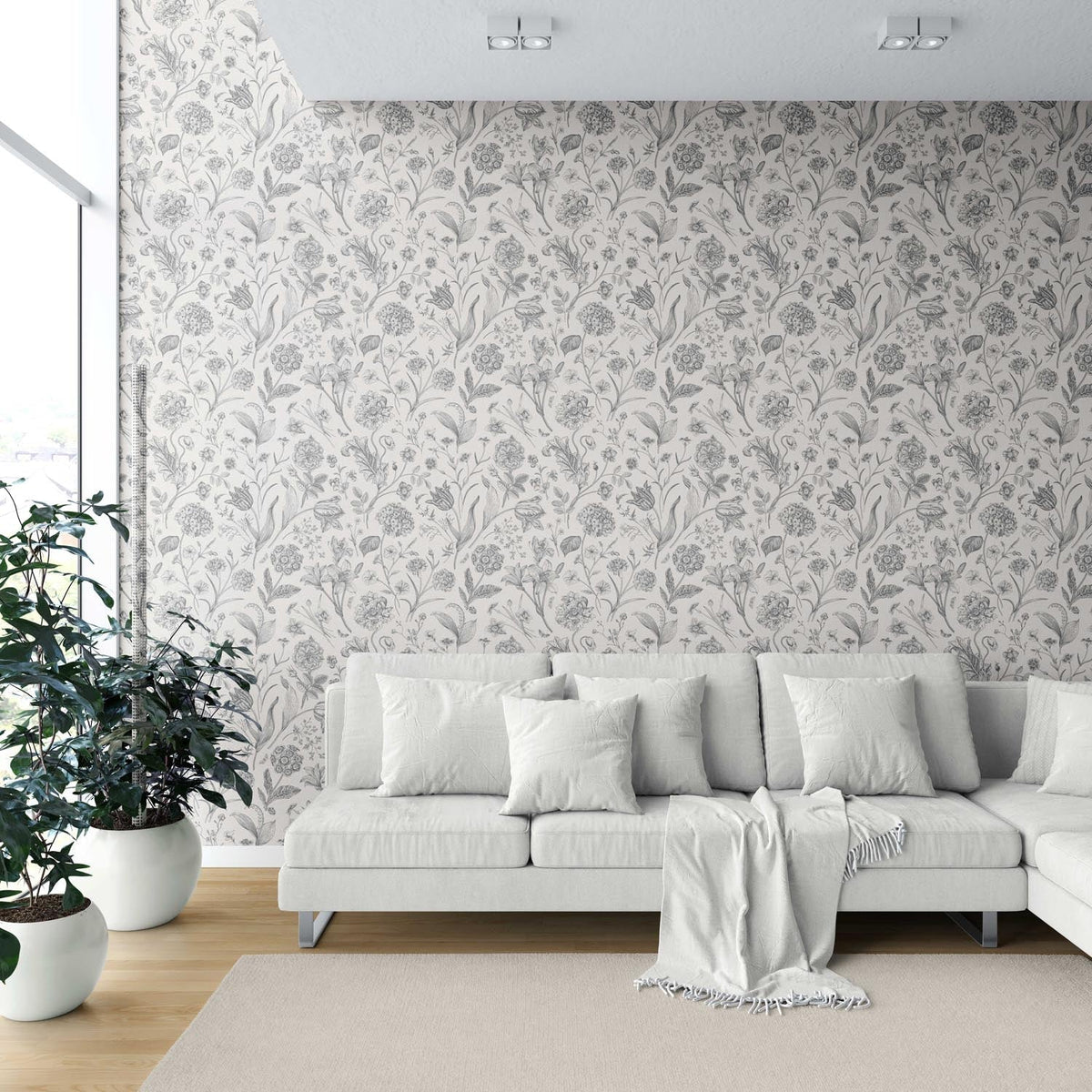 Neutral Floral/ Botanical Shower Toilet Wallpaper (Metallic Gray)