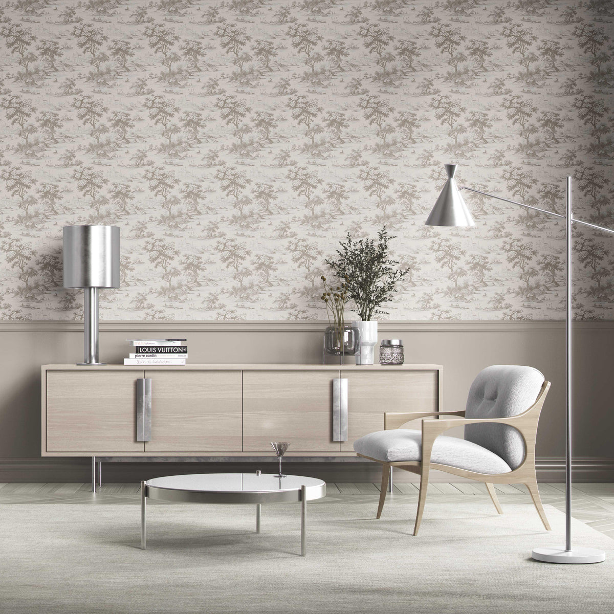 Floral Toile de Jouy Nature Print Kitchen Wallpaper (Greige/ Taupe/ Warm Gray)