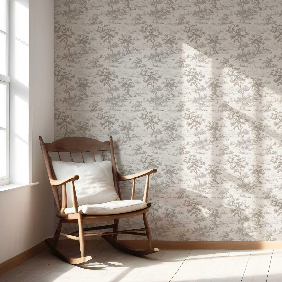 Floral Toile de Jouy Nature Print Nursery Wallpaper (Greige/ Taupe/ Warm Gray)