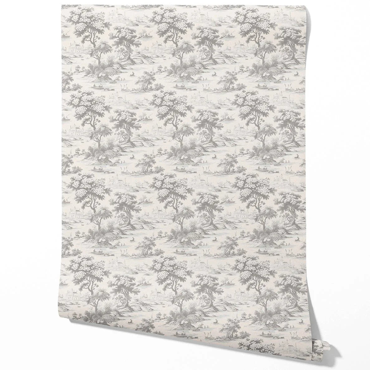 Floral Toile de Jouy Nature Print Traditional Wallpaper Sample (Silver Gray)