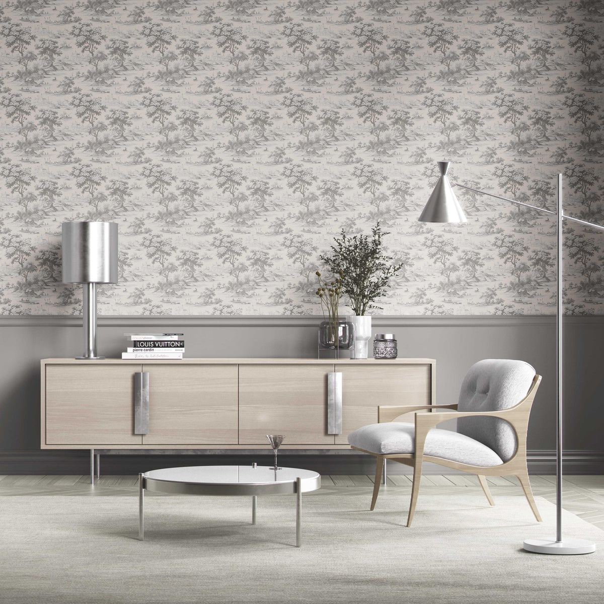 Floral Toile de Jouy Nature Print Kitchen Wallpaper (Silver Gray)