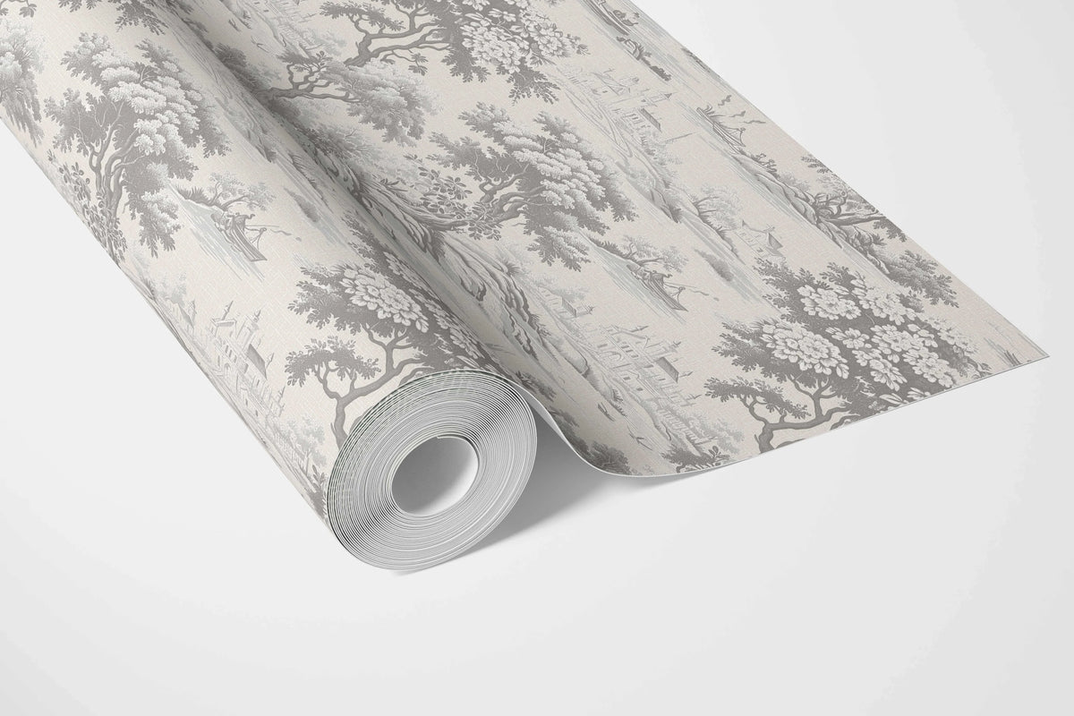 Floral Toile de Jouy Nature Print Bathroom Wallpaper (Silver Gray)