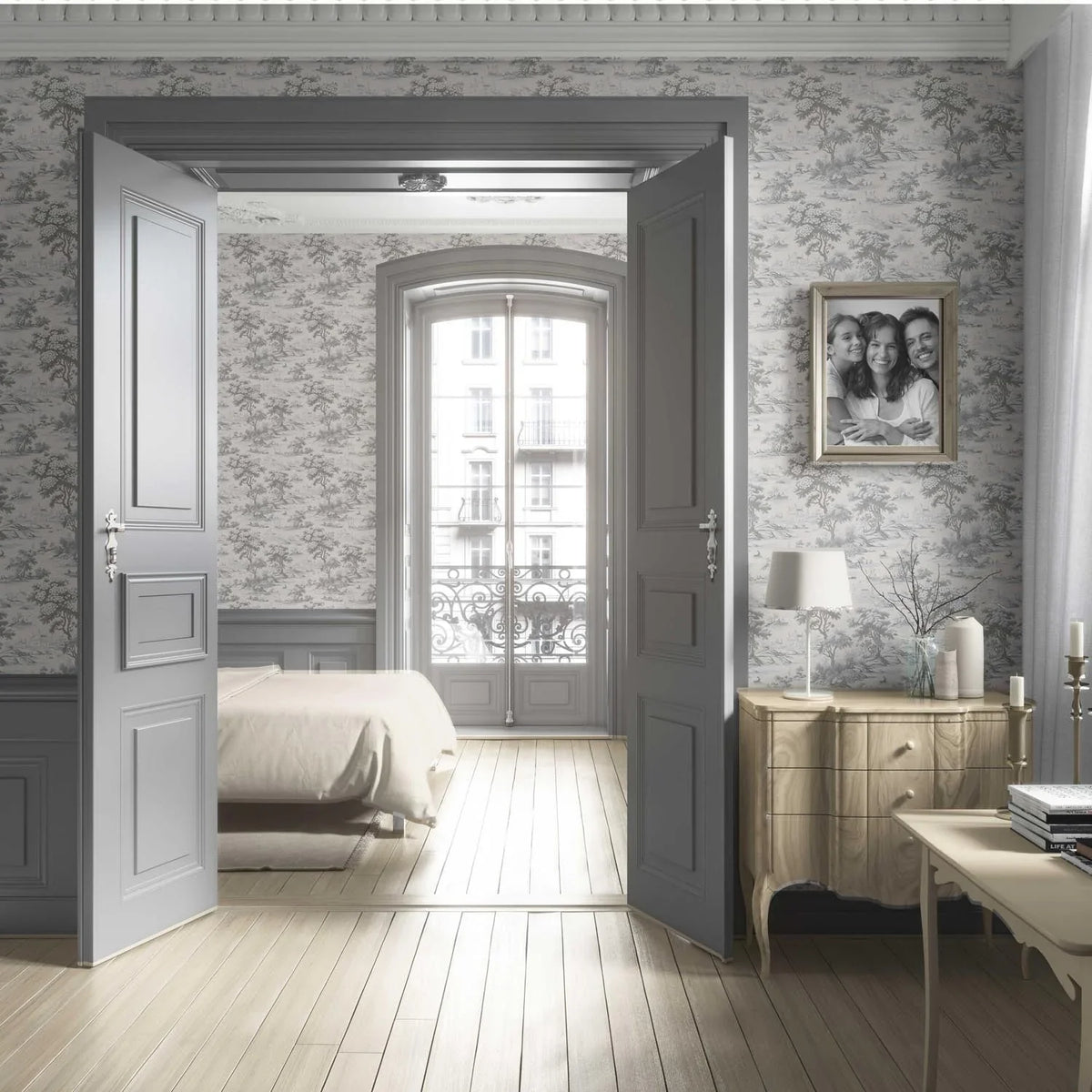Floral Toile de Jouy Nature Print Living Room Wallpaper Sample (Silver Gray)