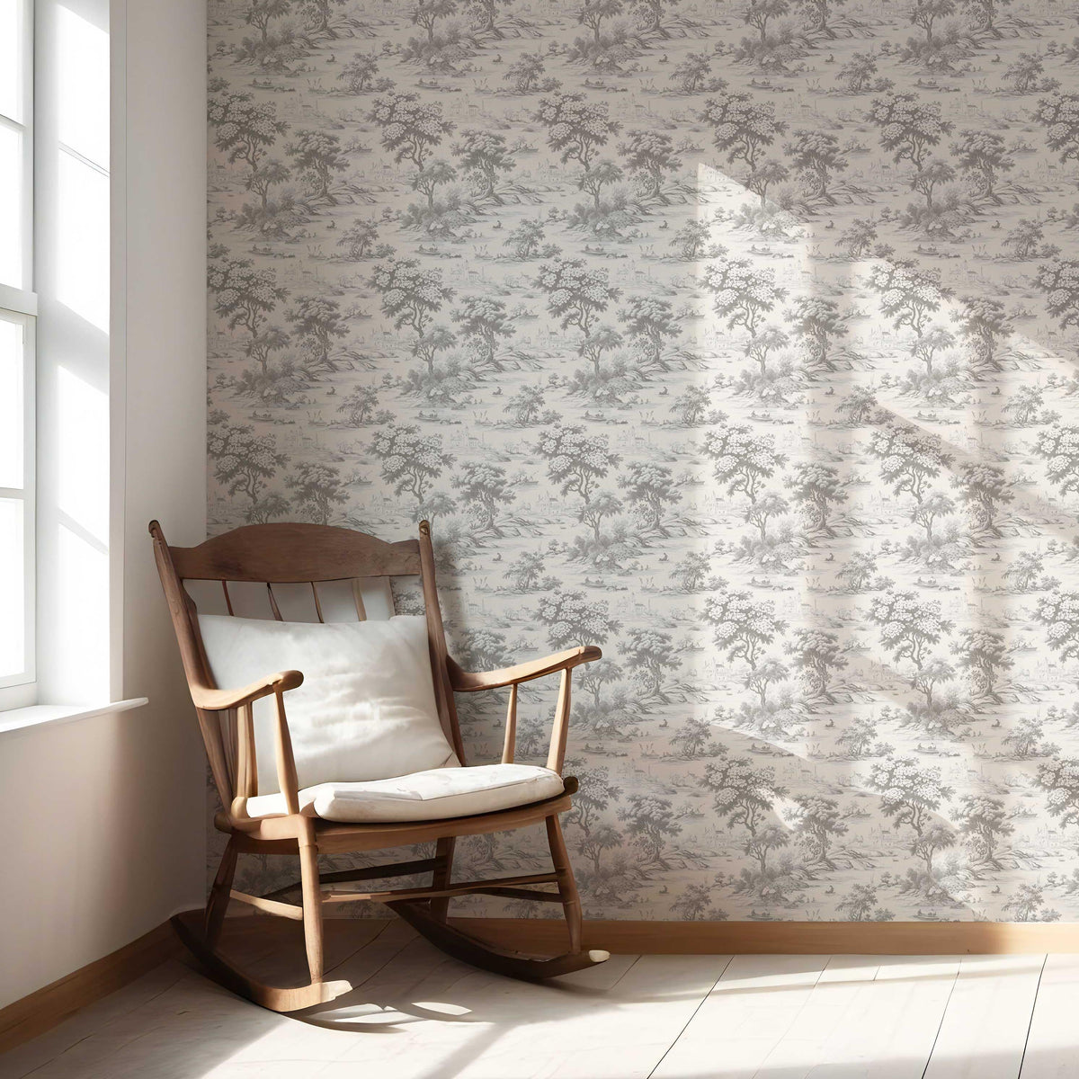 Floral Toile de Jouy Nature Print Nursery Wallpaper Sample (Silver Gray)