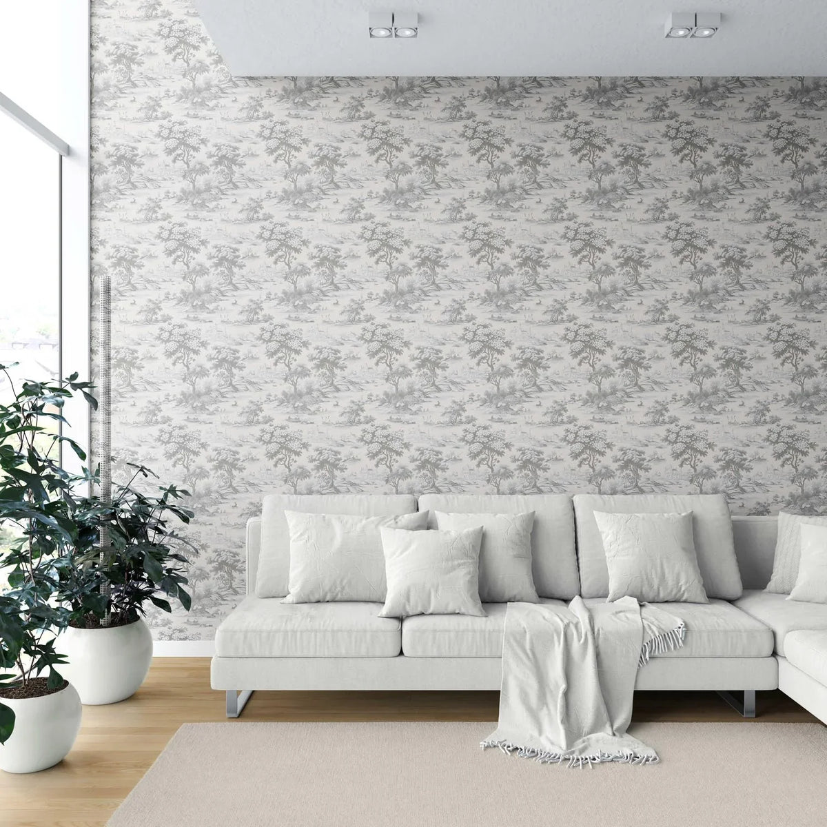 Floral Toile de Jouy Nature Print Shower Toilet Wallpaper (Silver Gray)