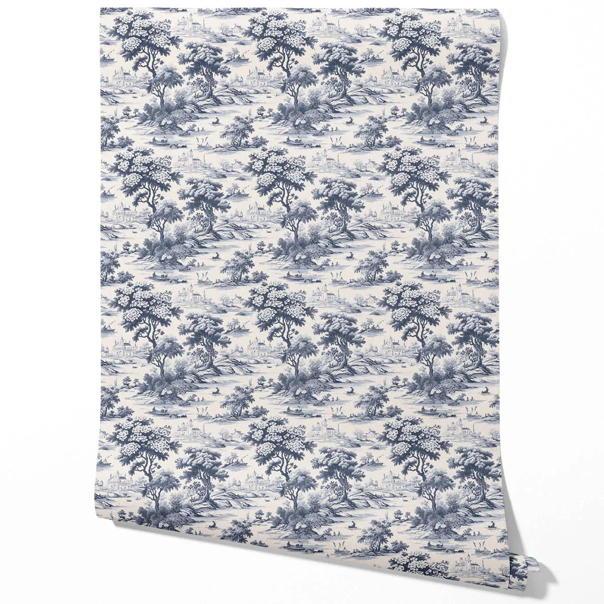 Floral Toile de Jouy Nature Print Traditional Wallpaper Sample (Navy Blue)