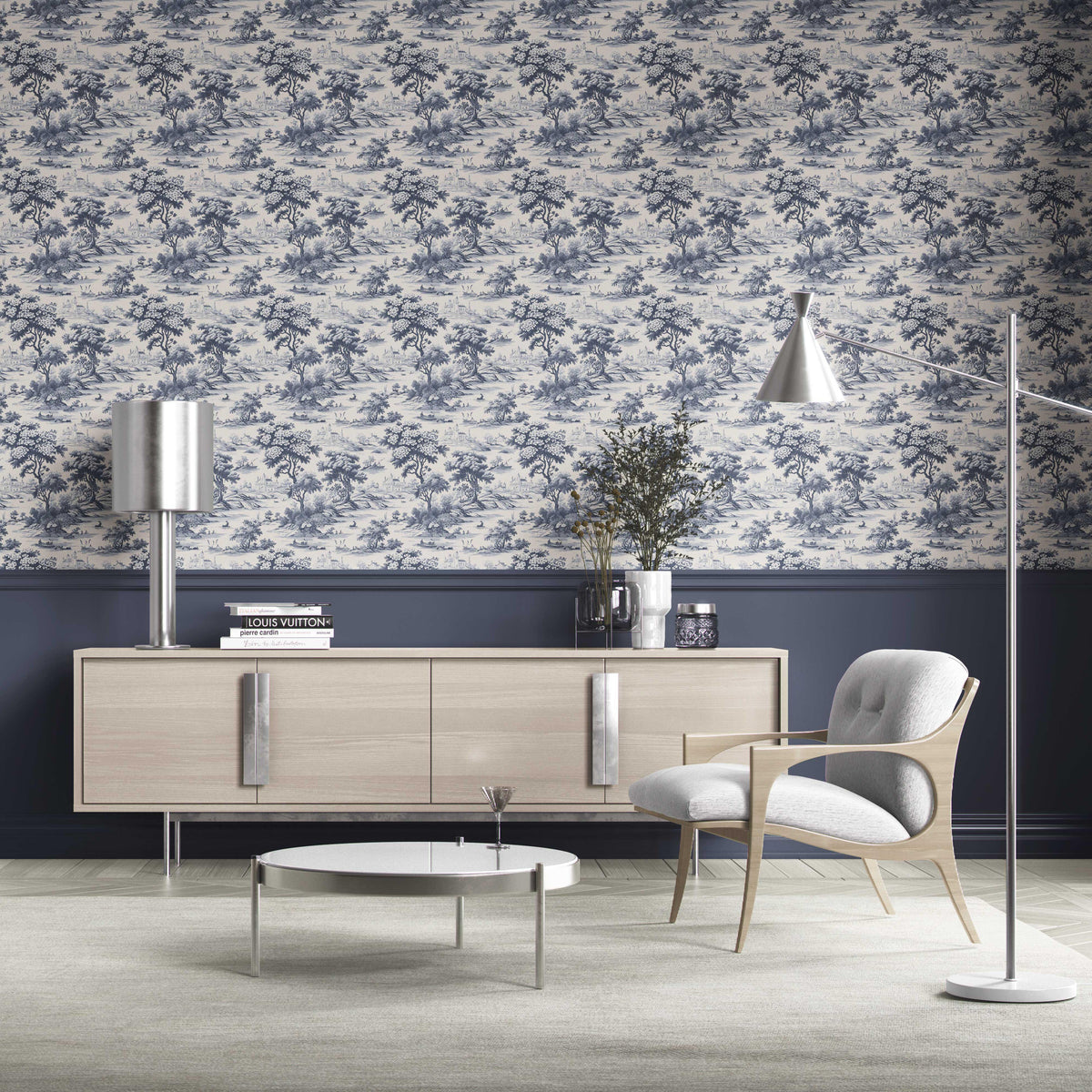 Floral Toile de Jouy Nature Print Kitchen Wallpaper Sample (Navy Blue)