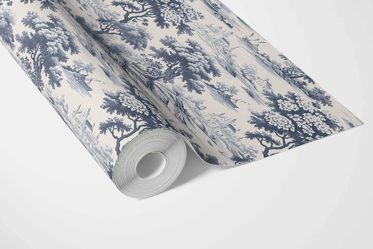 Floral Toile de Jouy Nature Print Bathroom Wallpaper (Navy Blue)