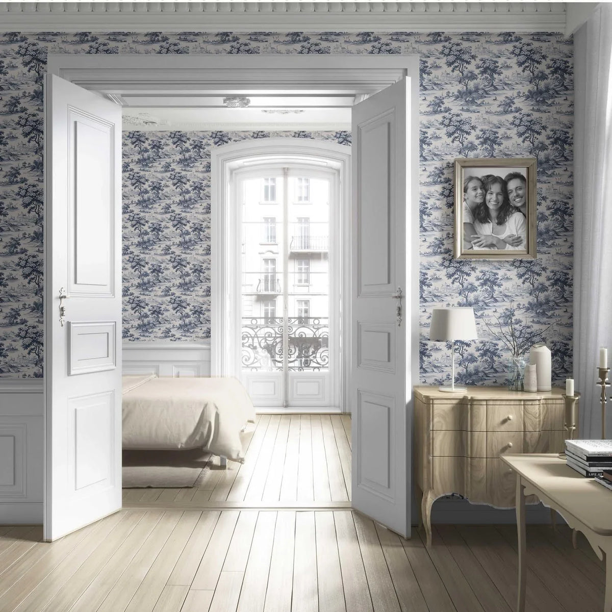 Floral Toile de Jouy Nature Print Living Room Wallpaper (Navy Blue)