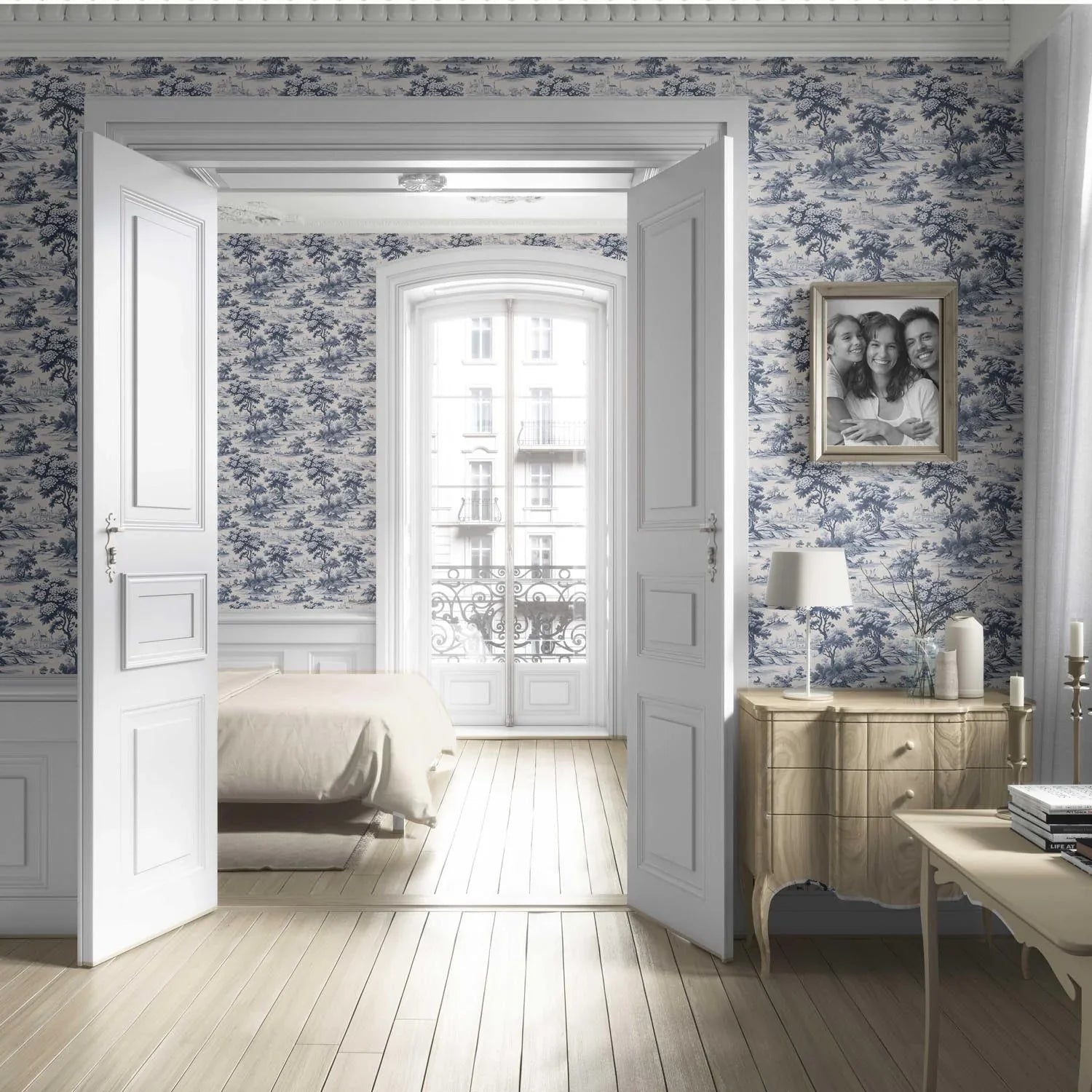 Floral Toile de Jouy Nature Print Living Room Wallpaper Sample (Navy Blue)
